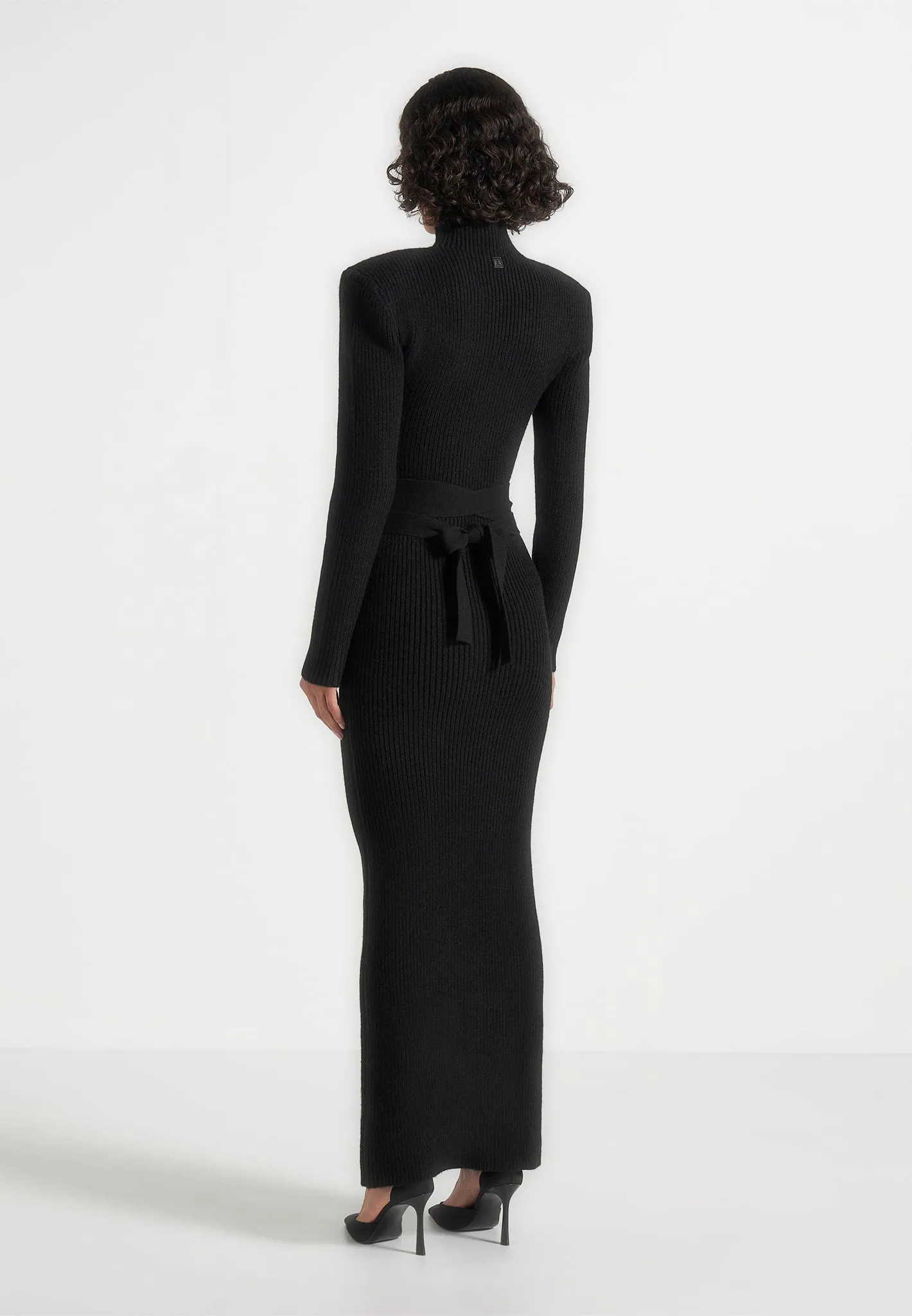 Hana - Wide Shoulder Knit Dress With Waist Tie - Black sold by Maniere De Voir product image thumbnail 4