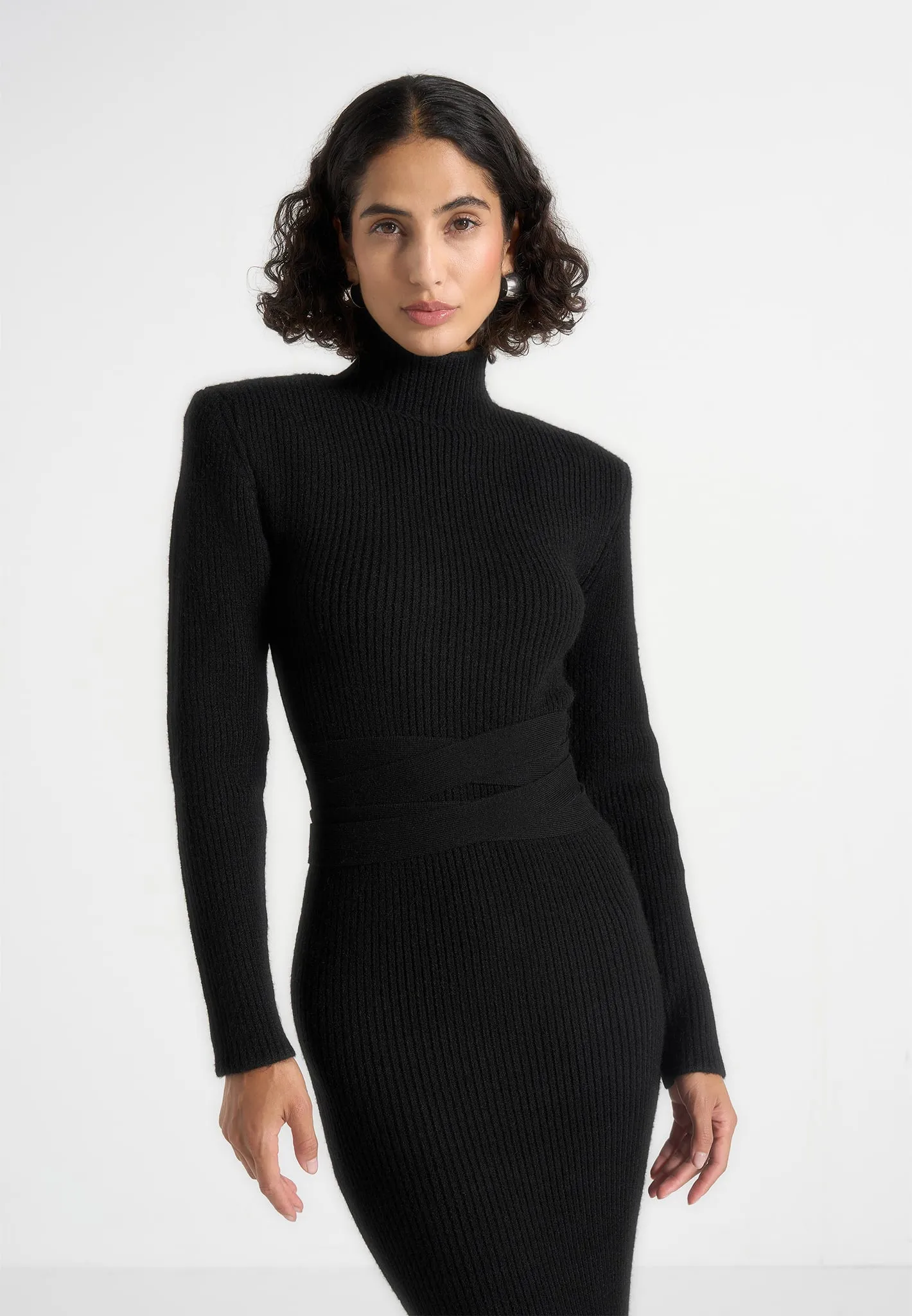Hana - Wide Shoulder Knit Dress With Waist Tie - Black sold by Maniere De Voir product image thumbnail 2