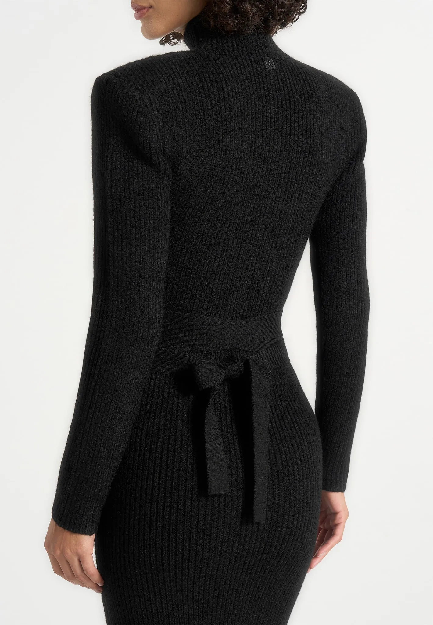 Hana - Wide Shoulder Knit Dress With Waist Tie - Black sold by Maniere De Voir product image thumbnail 3