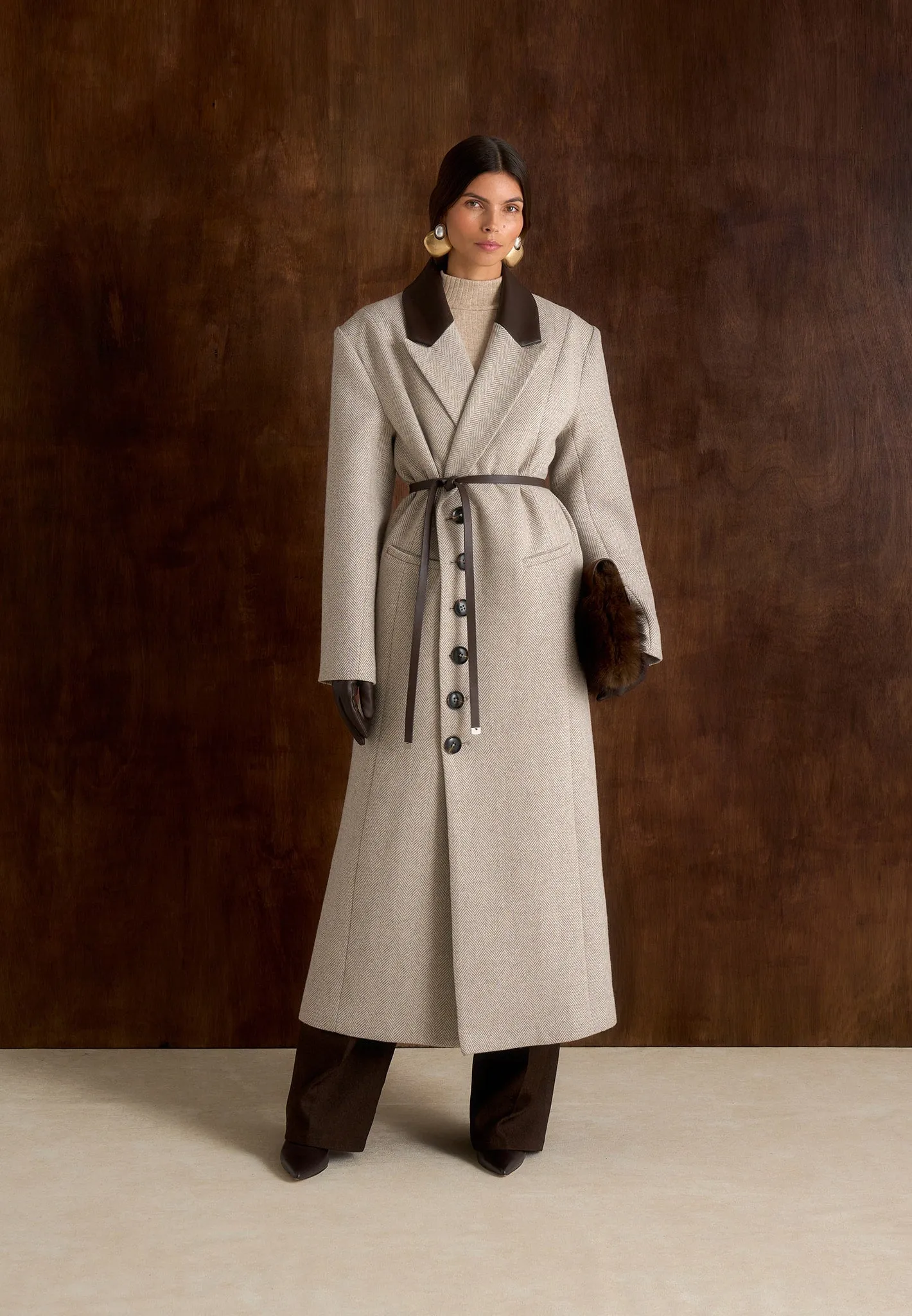 Anissa - Herringbone Wool Oversized Coat with Leather Belt - Beige sold by Maniere De Voir product image thumbnail 5