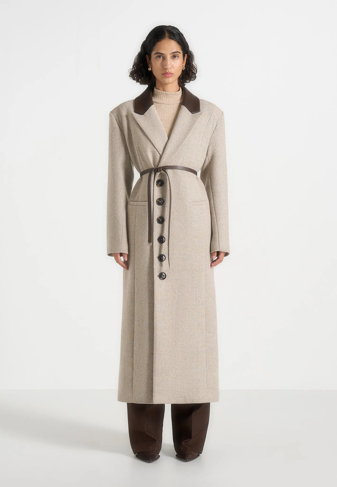 Anissa - Herringbone Wool Oversized Coat with Leather Belt - Beige sold by Maniere De Voir