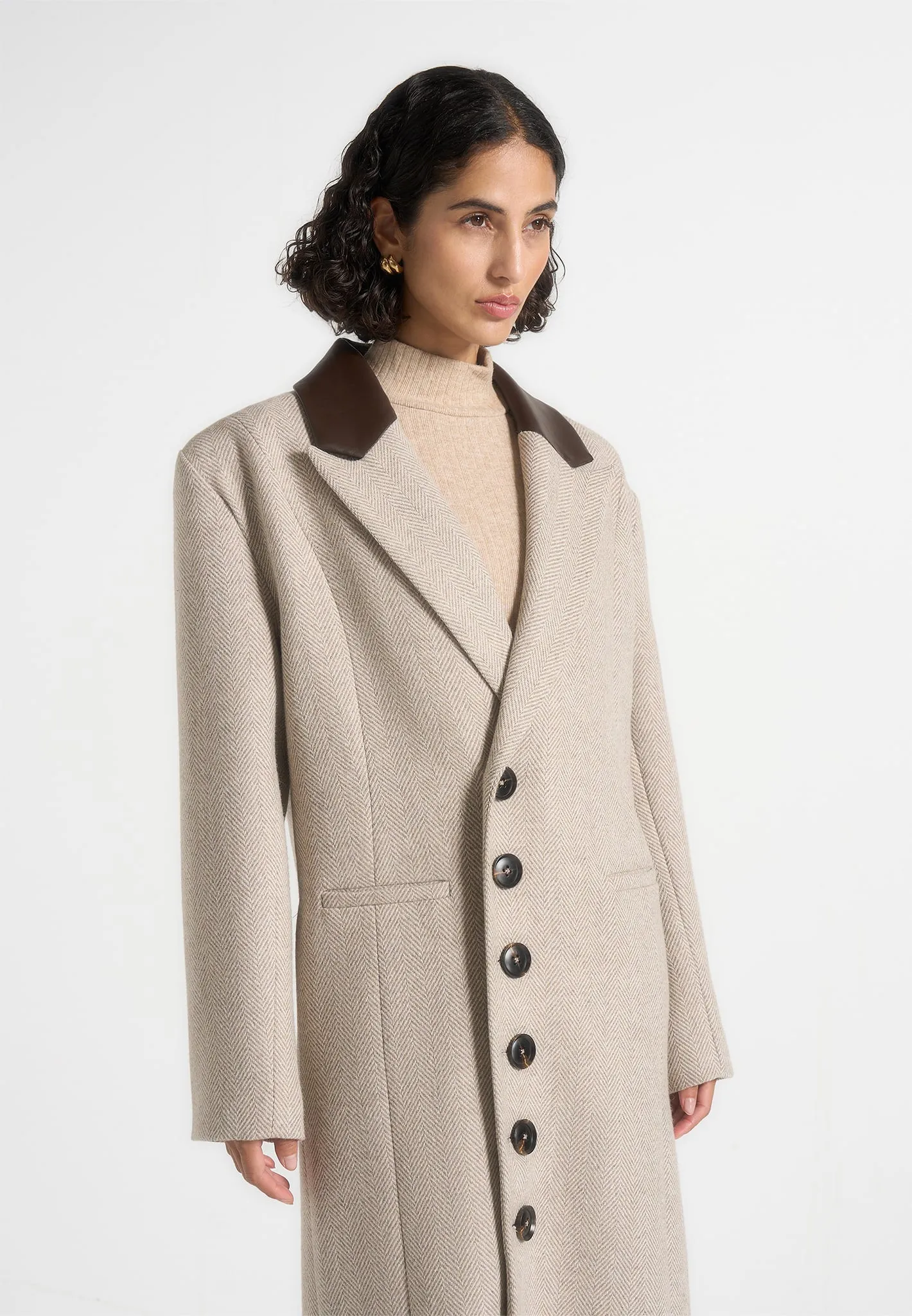 Anissa - Herringbone Wool Oversized Coat with Leather Belt - Beige sold by Maniere De Voir product image thumbnail 2