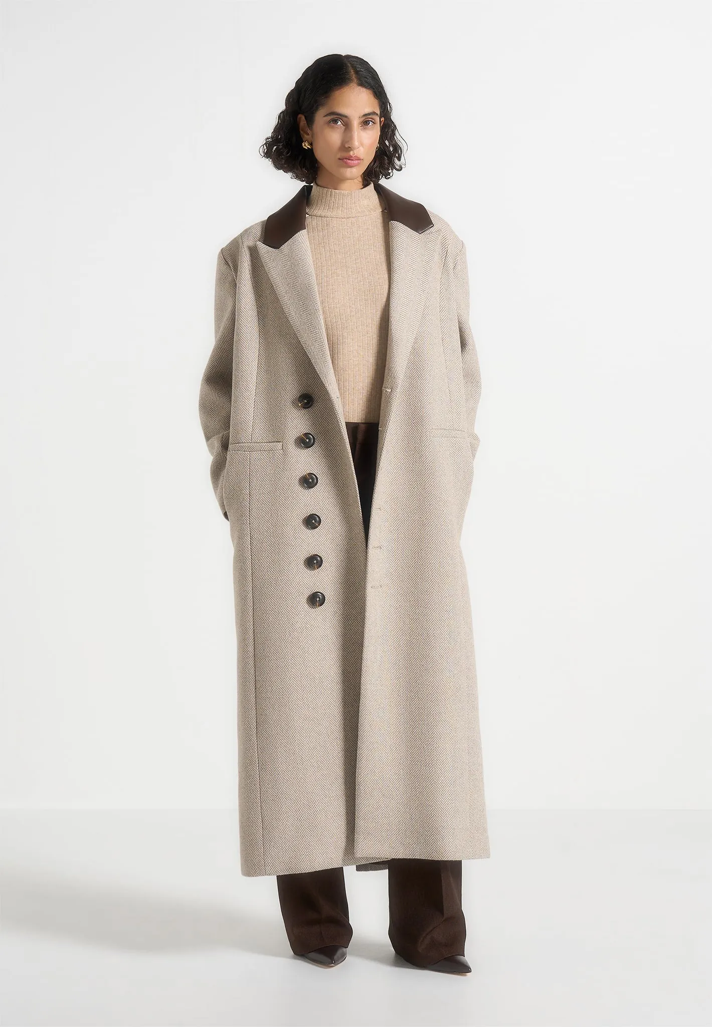 Anissa - Herringbone Wool Oversized Coat with Leather Belt - Beige sold by Maniere De Voir product image thumbnail 3