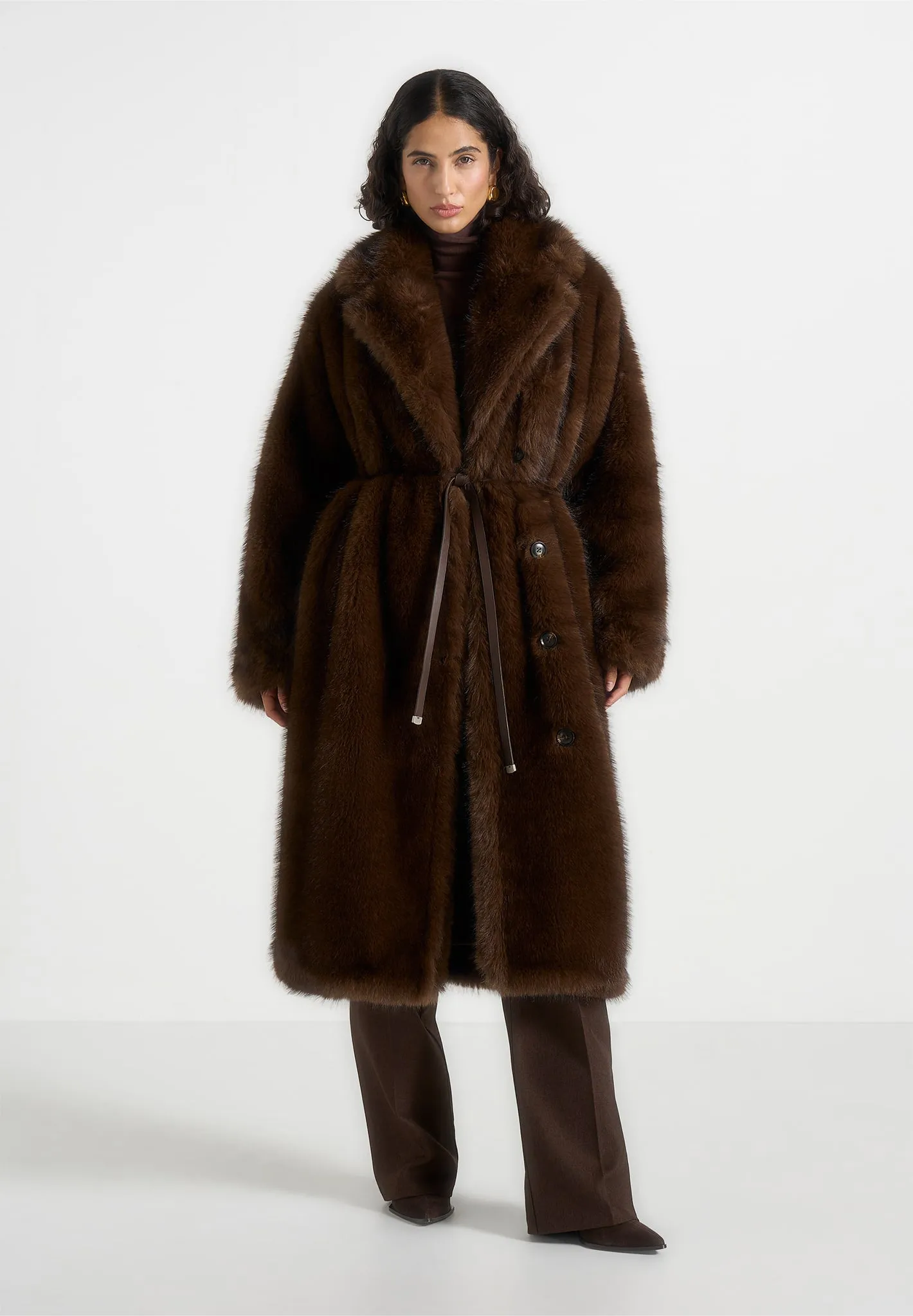 Bria - Oversized Fur Coat With Leather Belt - Brown sold by Maniere De Voir product image thumbnail 3