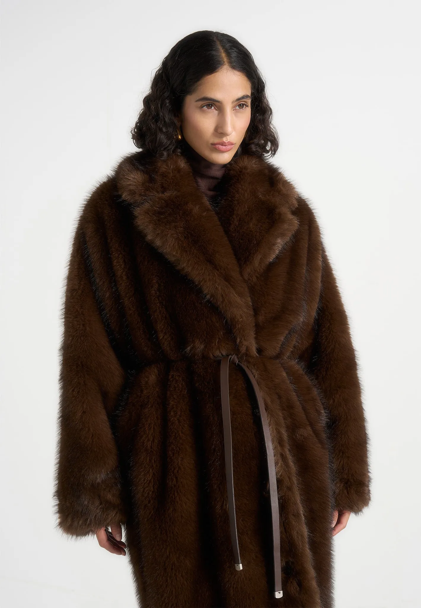 Bria - Oversized Fur Coat With Leather Belt - Brown sold by Maniere De Voir product image thumbnail 2