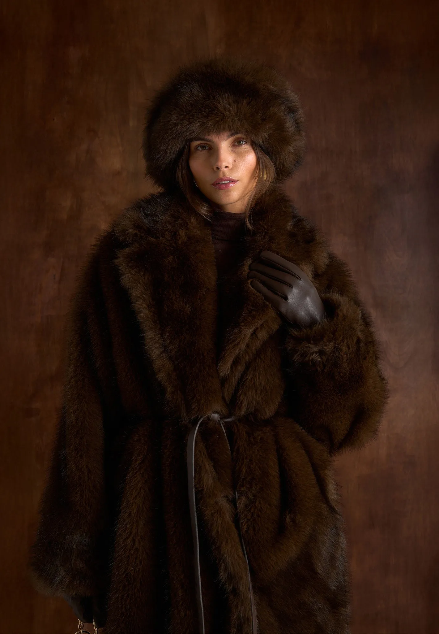 Bria - Oversized Fur Coat With Leather Belt - Brown sold by Maniere De Voir product image thumbnail 5