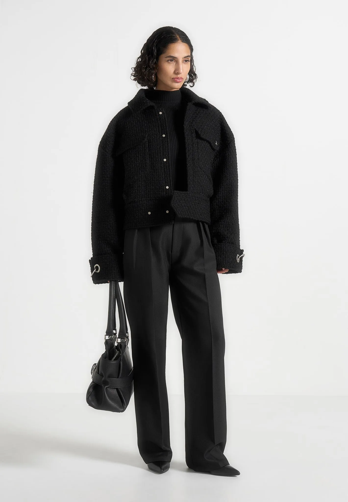 Naela - Boxy Tweed Jacket With Cuff Detail - Black sold by Maniere De Voir product image thumbnail 2