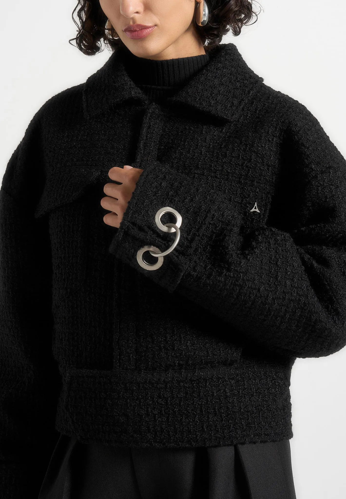Naela - Boxy Tweed Jacket With Cuff Detail - Black sold by Maniere De Voir product image thumbnail 4