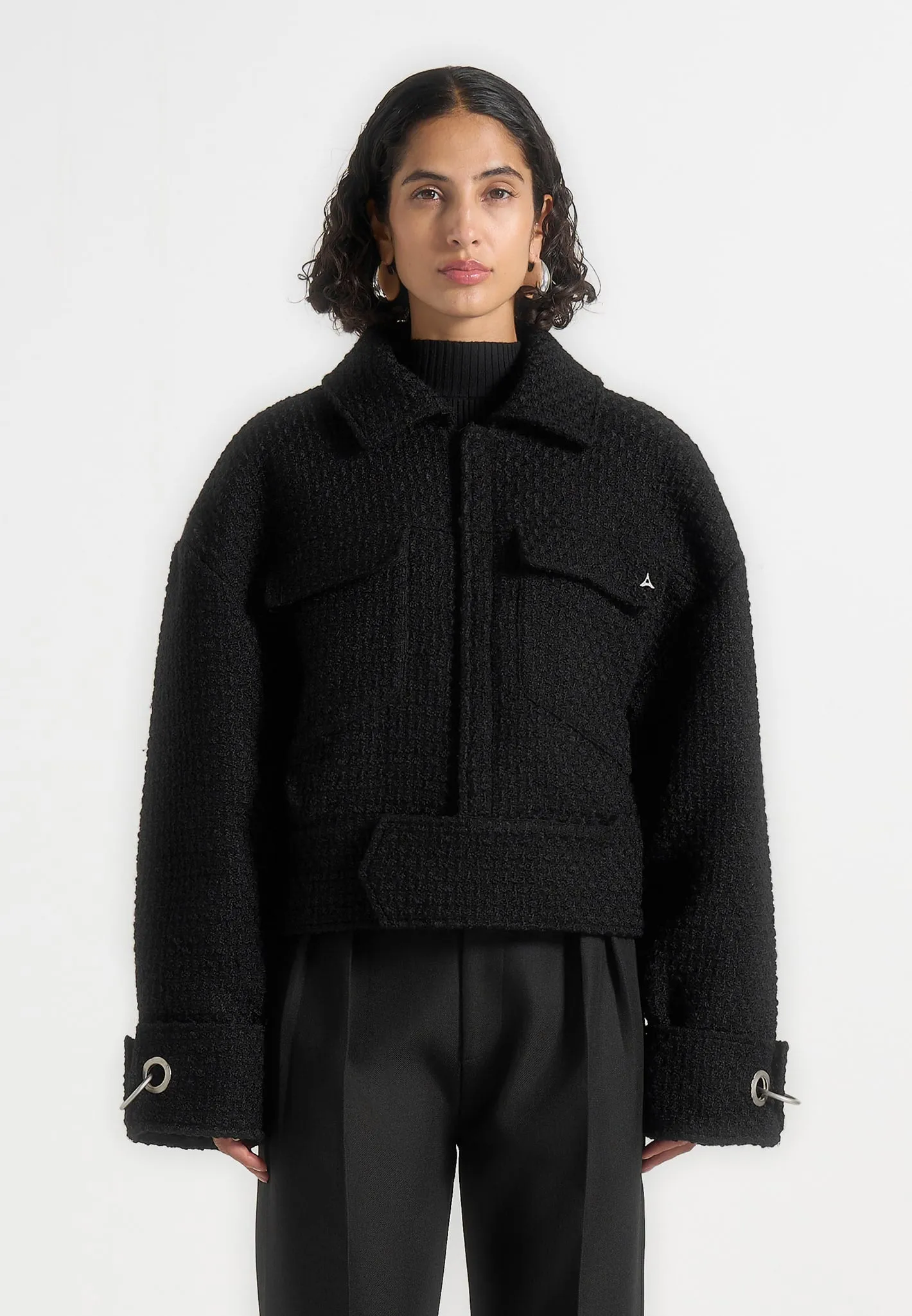 Naela - Boxy Tweed Jacket With Cuff Detail - Black sold by Maniere De Voir product image thumbnail 3