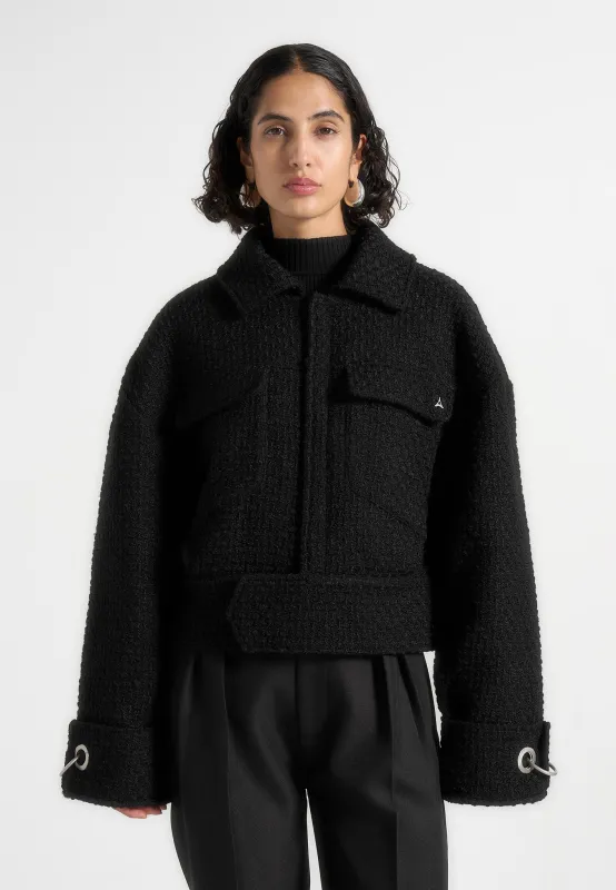 Naela - Boxy Tweed Jacket With Cuff Detail - Black sold by Maniere De Voir