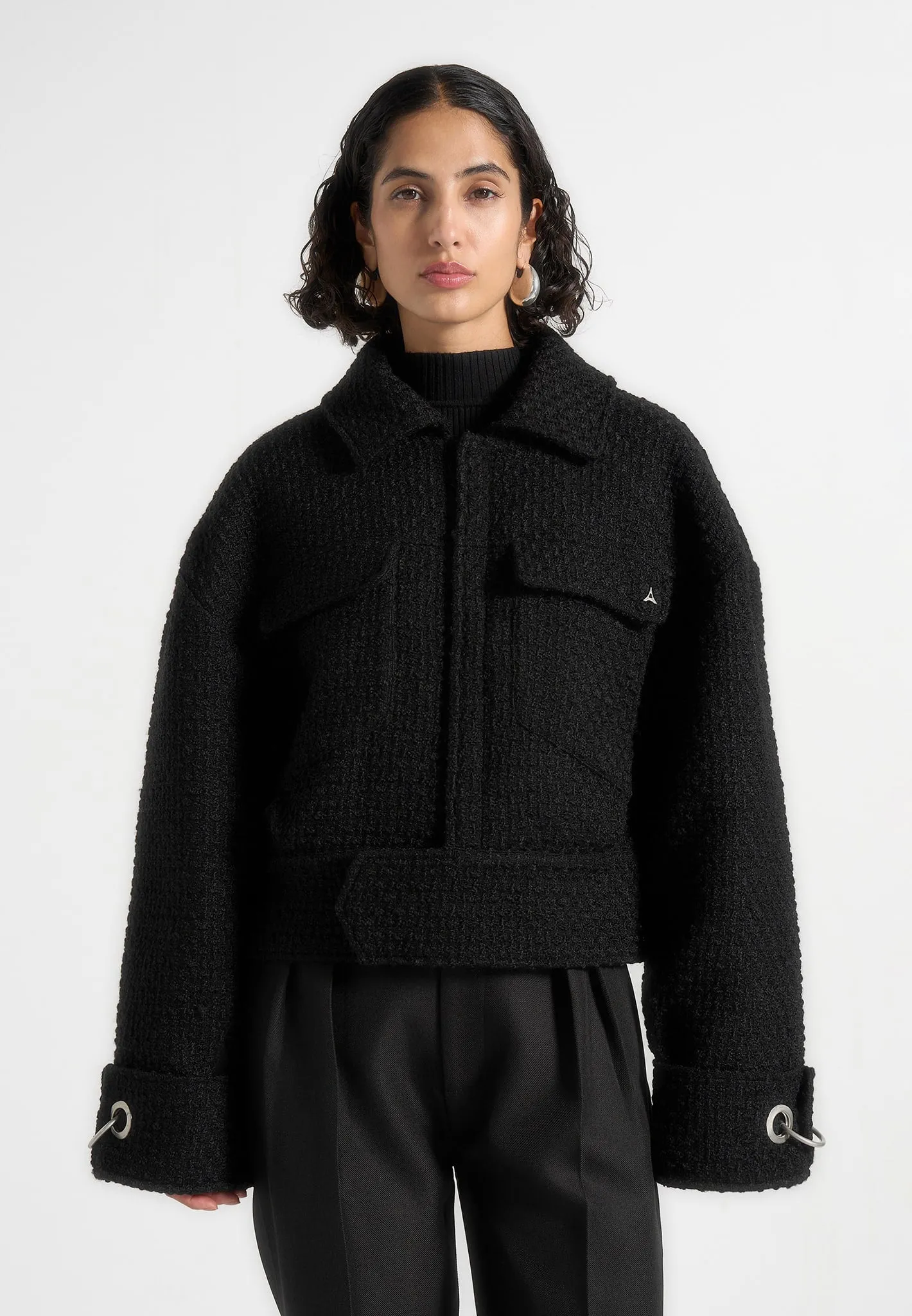 Naela - Boxy Tweed Jacket With Cuff Detail - Black sold by Maniere De Voir
