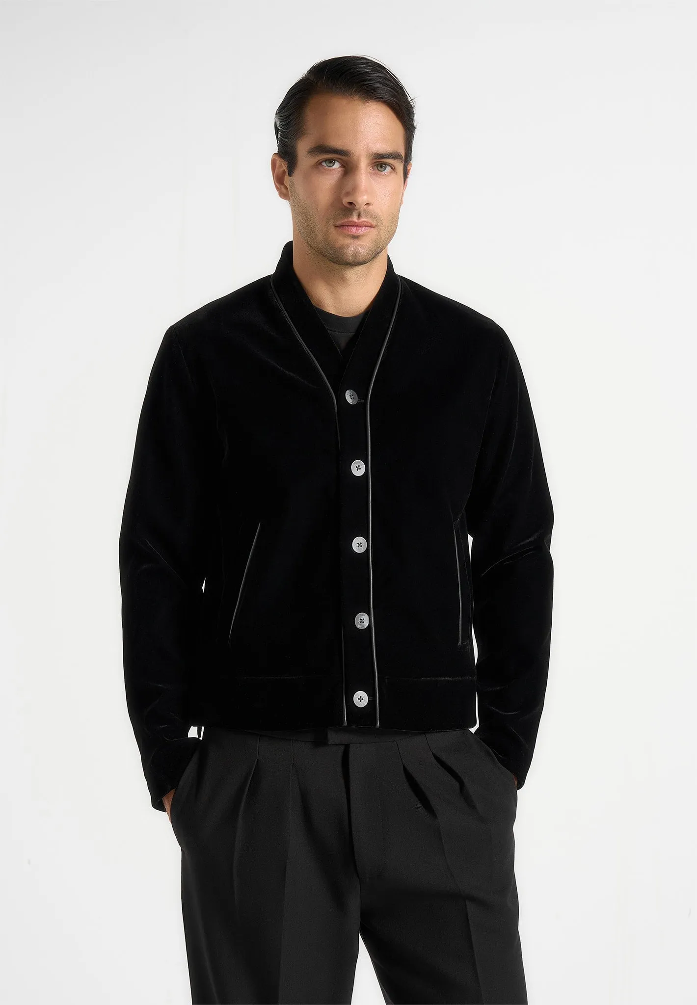 Nassim - Velvet Jacket With Contrast Piping - Black sold by Maniere De Voir product image thumbnail 2