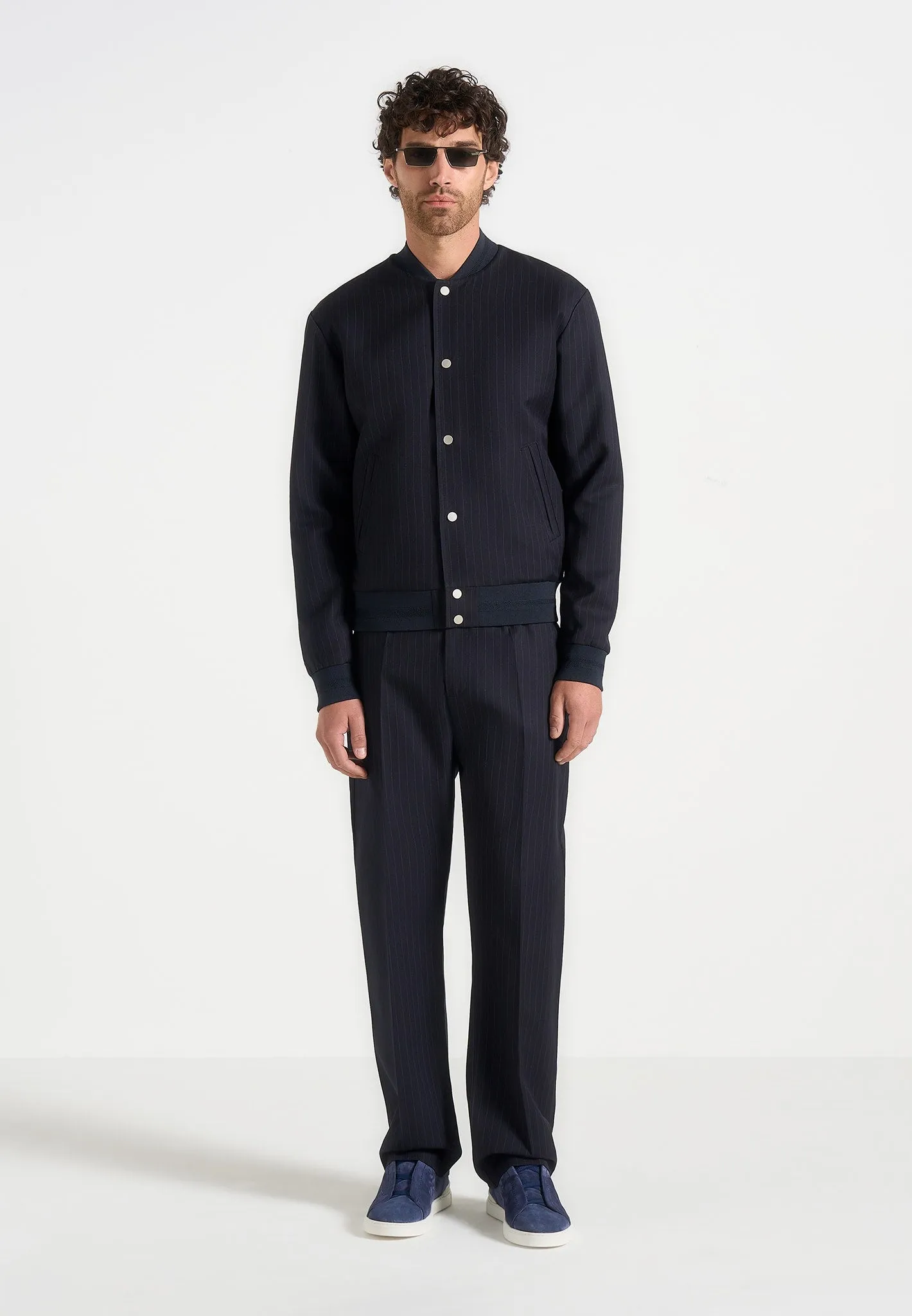 Savin - Pinstripe Bomber Jacket - Navy sold by Maniere De Voir