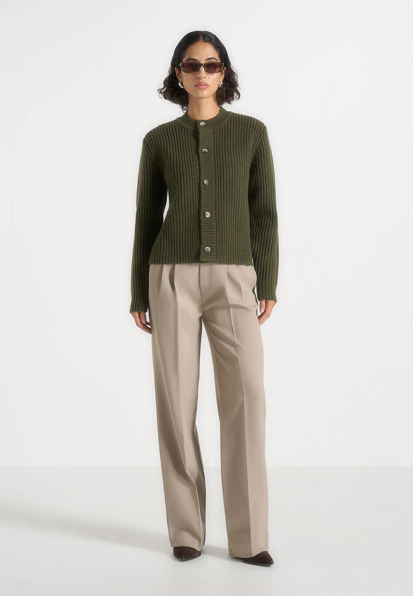 Alix - Unisex Crewneck Ribbed Knit Cardigan - Olive sold by Maniere De Voir product image thumbnail 3