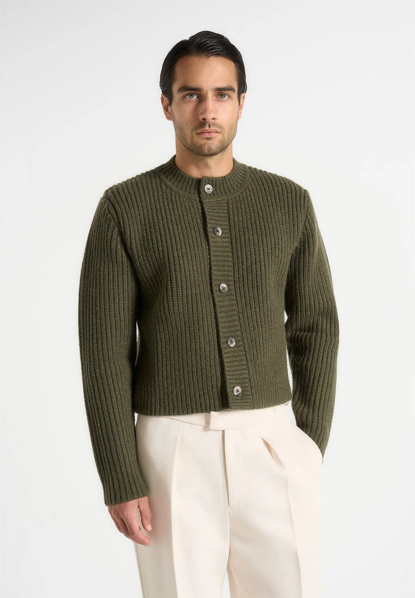 Alix - Unisex Crewneck Ribbed Knit Cardigan - Olive sold by Maniere De Voir product image thumbnail 4