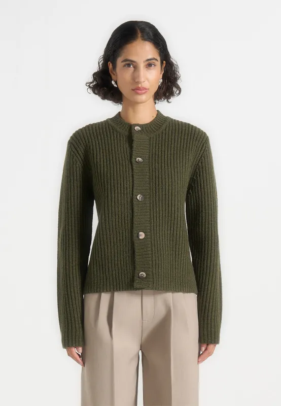 Alix - Unisex Crewneck Ribbed Knit Cardigan - Olive sold by Maniere De Voir