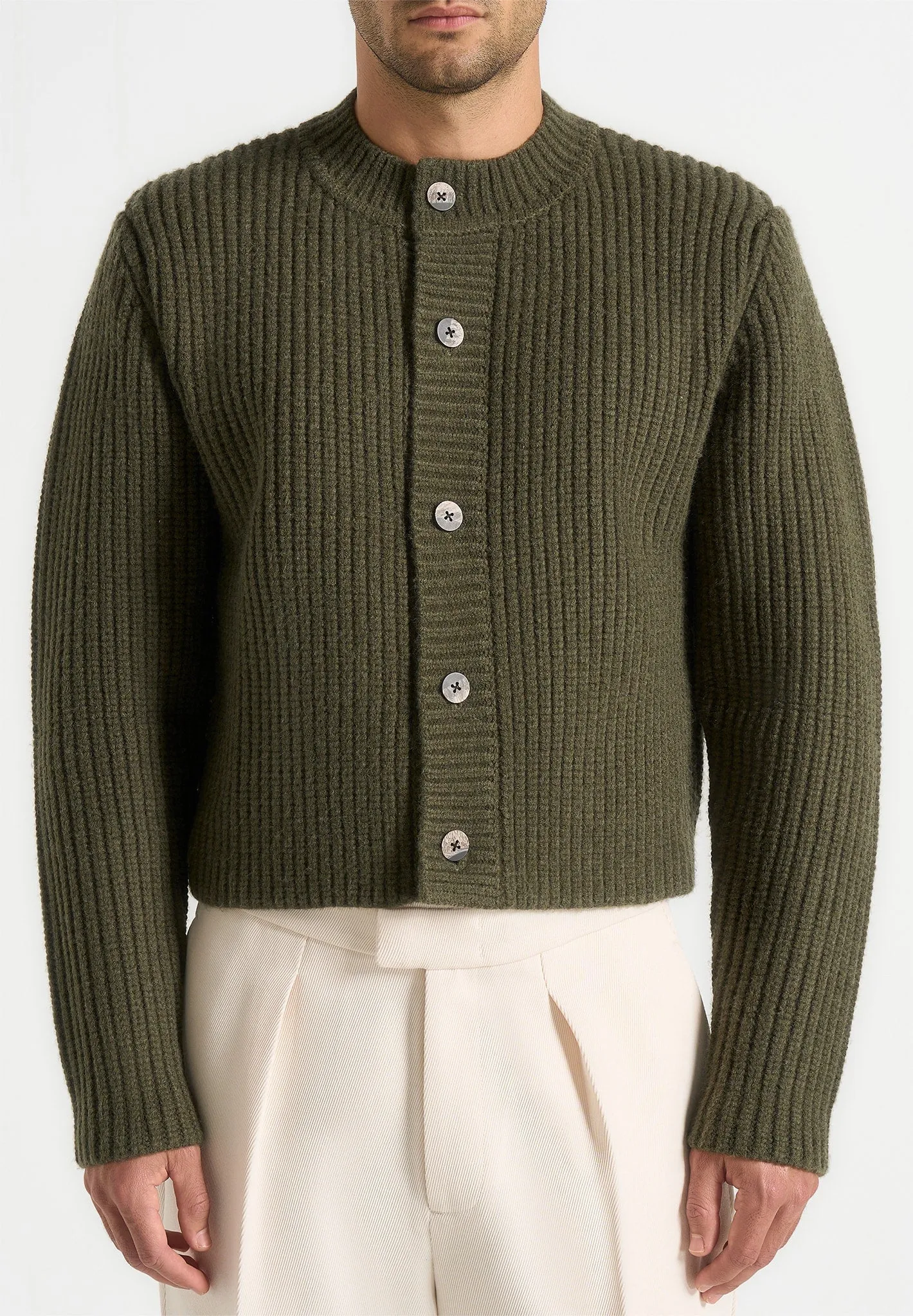 Alix - Unisex Crewneck Ribbed Knit Cardigan - Olive sold by Maniere De Voir product image thumbnail 5