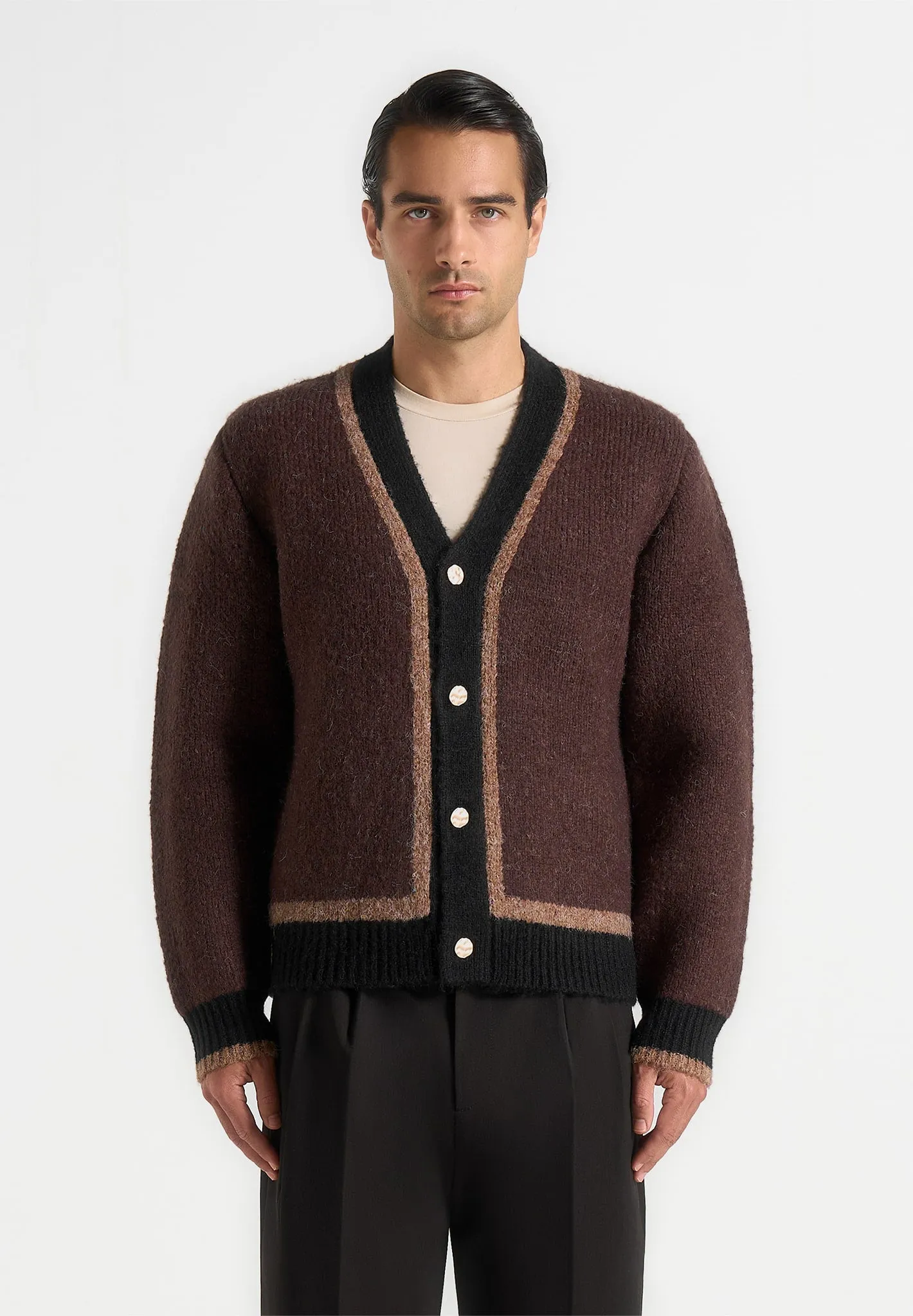 Elon - Wool Knit Contrast Cardigan - Brown sold by Maniere De Voir product image thumbnail 4