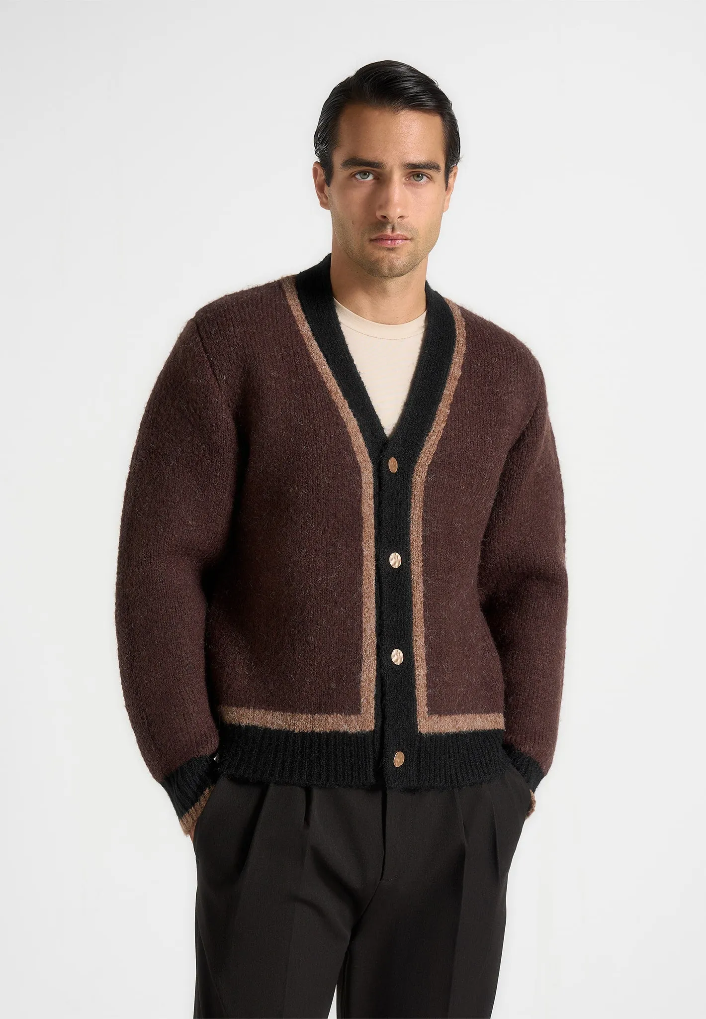 Elon - Wool Knit Contrast Cardigan - Brown sold by Maniere De Voir product image thumbnail 2