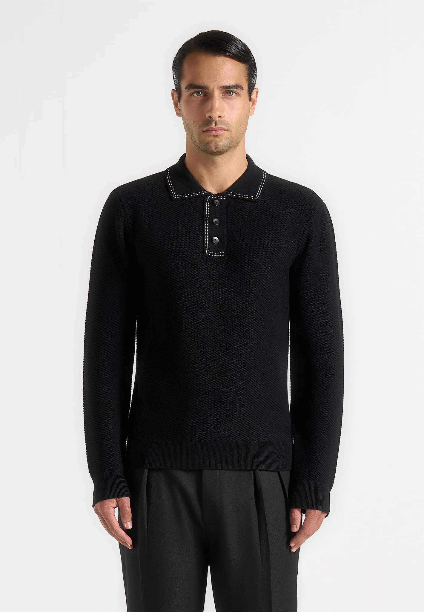 Aymeric - Whipstitch Detail Long Sleeve Knit Polo Shirt - Black sold by Maniere De Voir product image thumbnail 4
