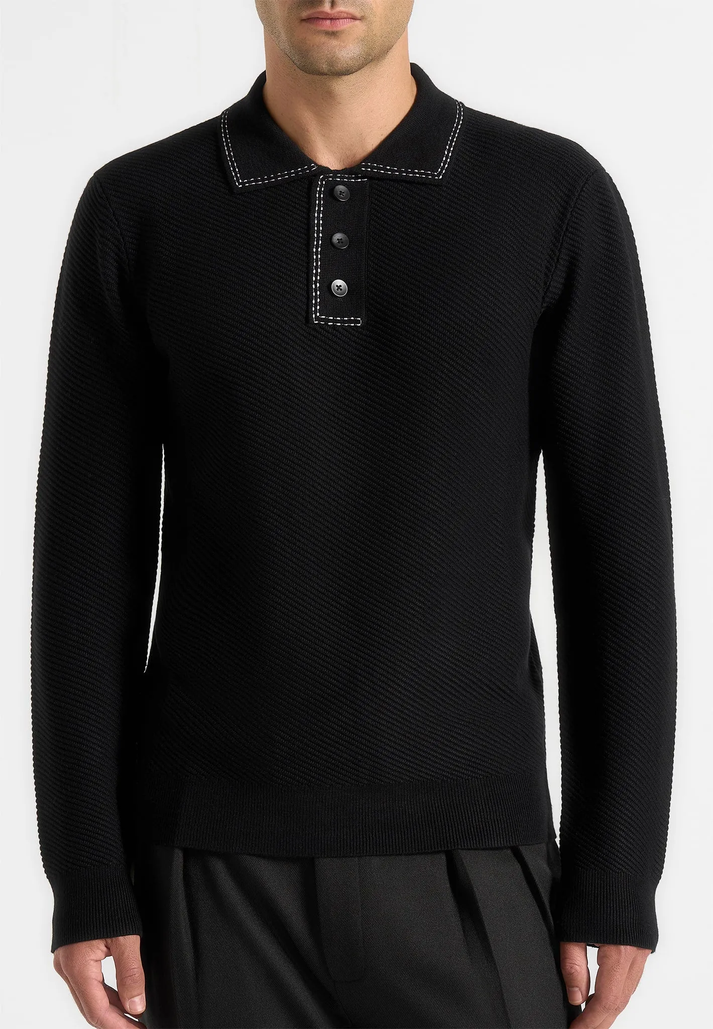 Aymeric - Whipstitch Detail Long Sleeve Knit Polo Shirt - Black sold by Maniere De Voir product image thumbnail 5