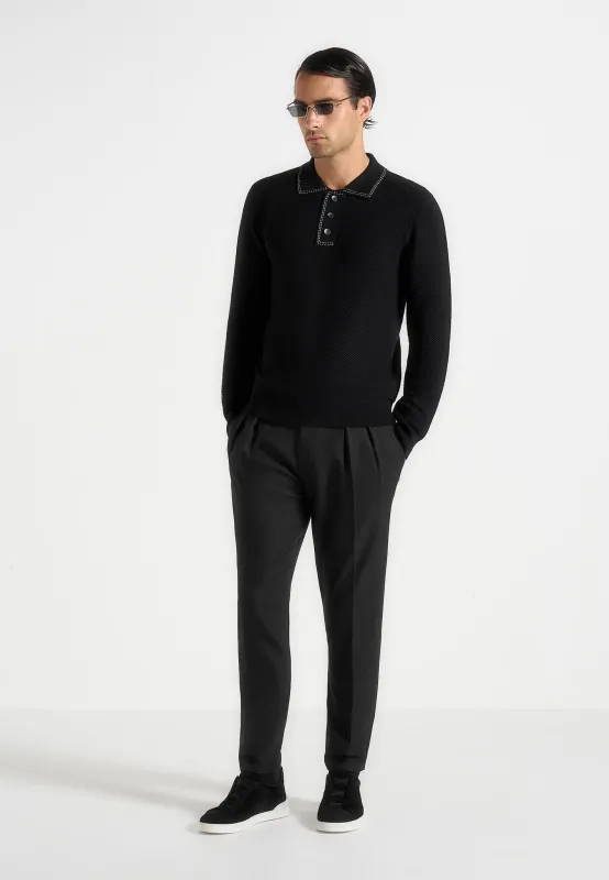 Aymeric - Whipstitch Detail Long Sleeve Knit Polo Shirt - Black made by Maniere De Voir