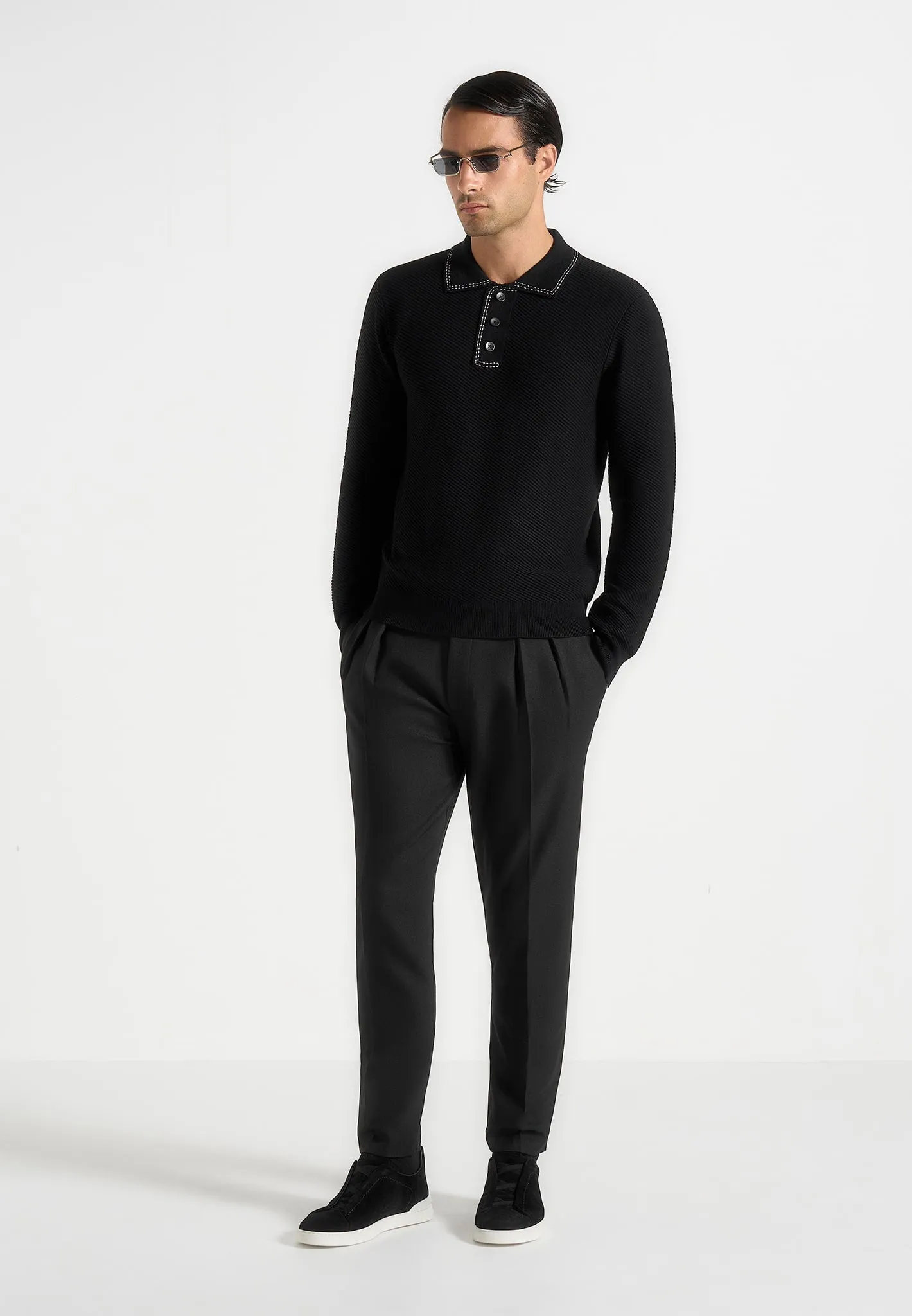 Aymeric - Whipstitch Detail Long Sleeve Knit Polo Shirt - Black sold by Maniere De Voir