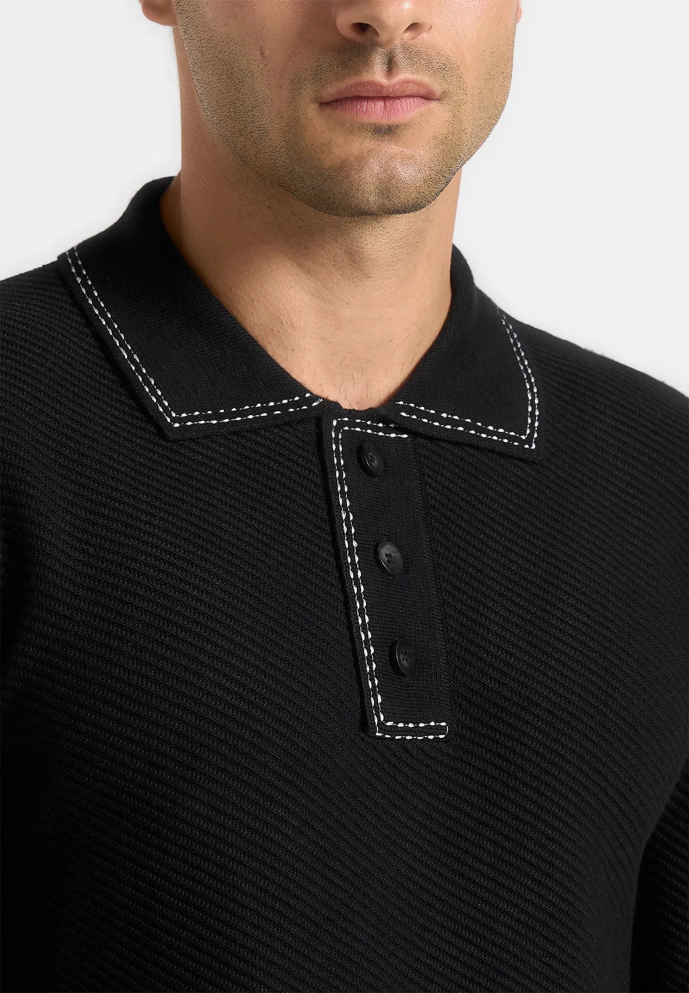 Aymeric - Whipstitch Detail Long Sleeve Knit Polo Shirt - Black sold by Maniere De Voir product image thumbnail 3
