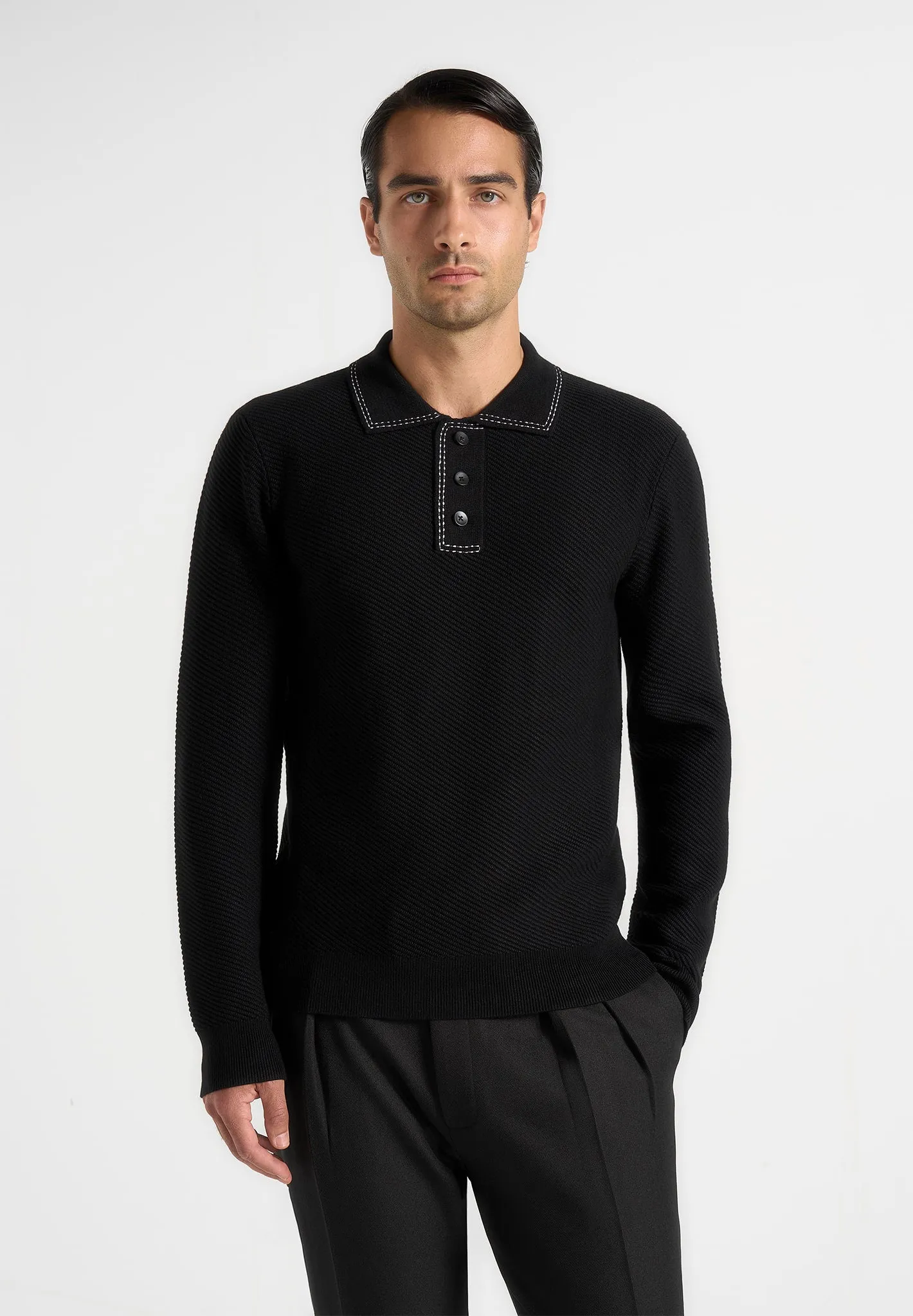 Aymeric - Whipstitch Detail Long Sleeve Knit Polo Shirt - Black sold by Maniere De Voir product image thumbnail 2