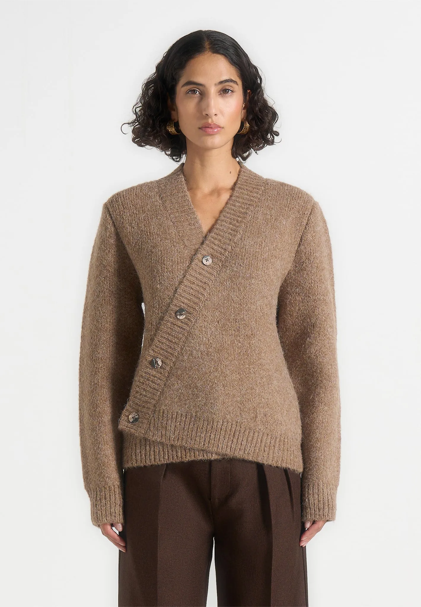 Dani - Unisex Asymmetric Brushed Wool Knit Cardigan - Taupe sold by Maniere De Voir product image thumbnail 5