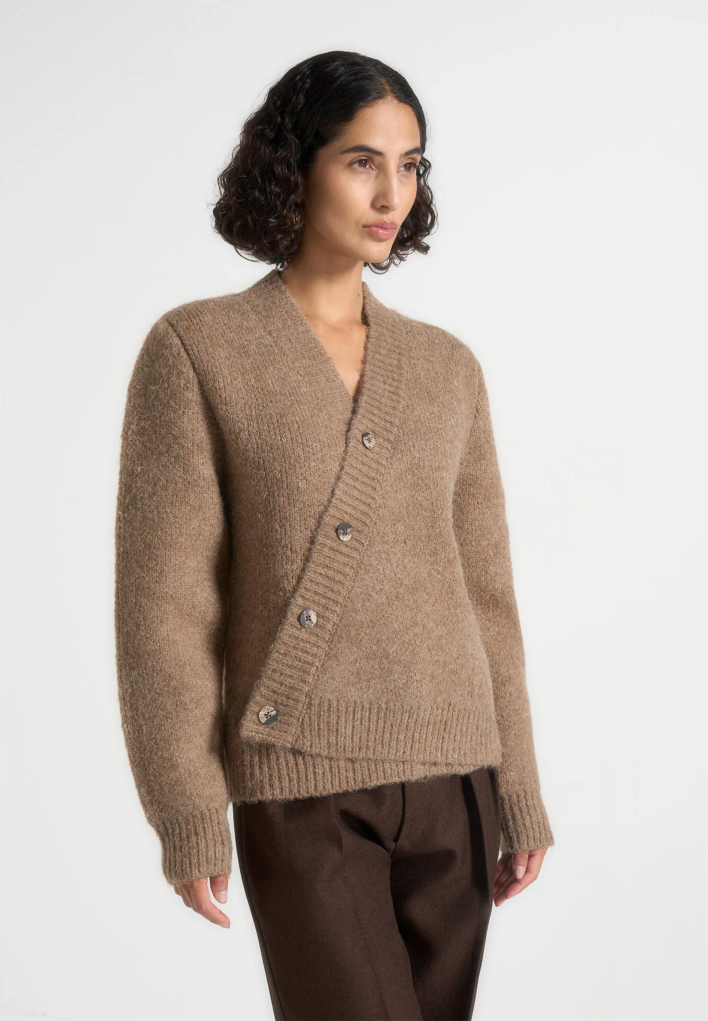 Dani - Unisex Asymmetric Brushed Wool Knit Cardigan - Taupe sold by Maniere De Voir