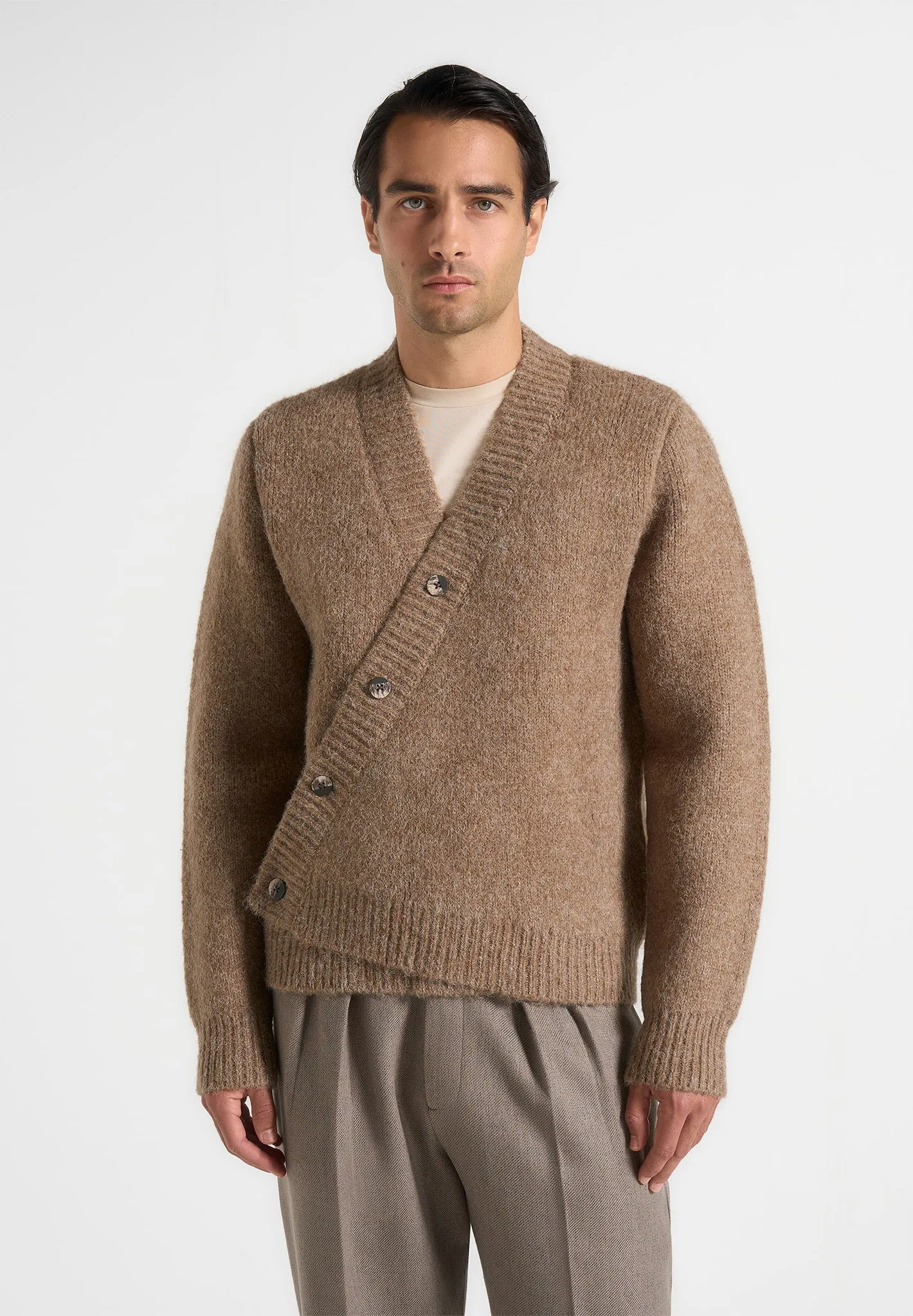 Dani - Unisex Asymmetric Brushed Wool Knit Cardigan - Taupe sold by Maniere De Voir product image thumbnail 4