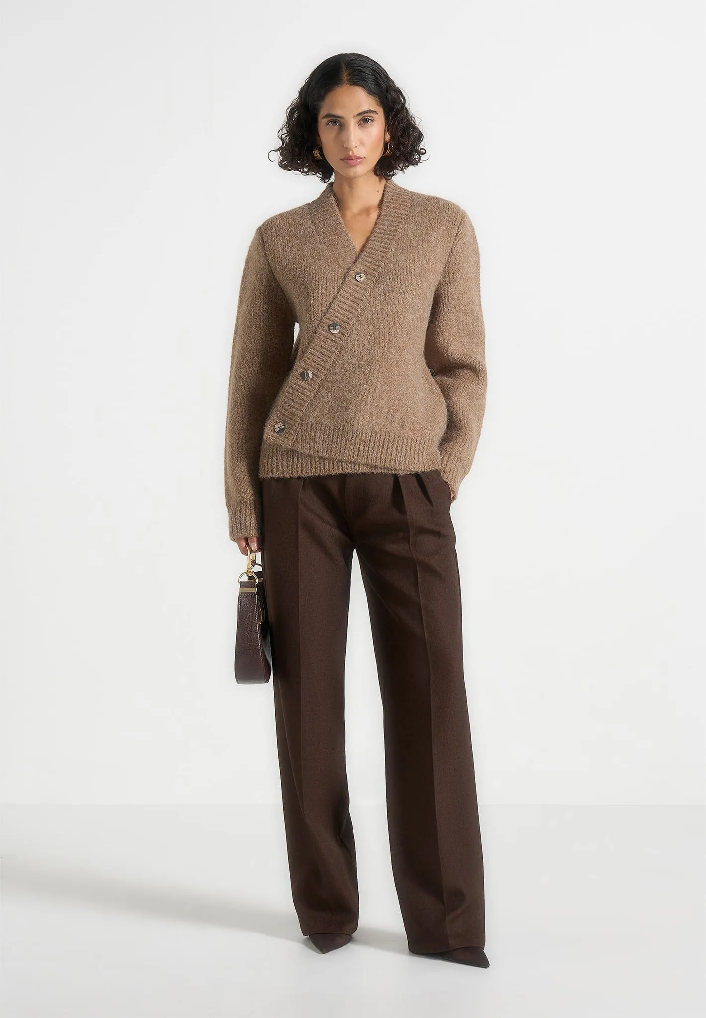 Dani - Unisex Asymmetric Brushed Wool Knit Cardigan - Taupe sold by Maniere De Voir product image thumbnail 3