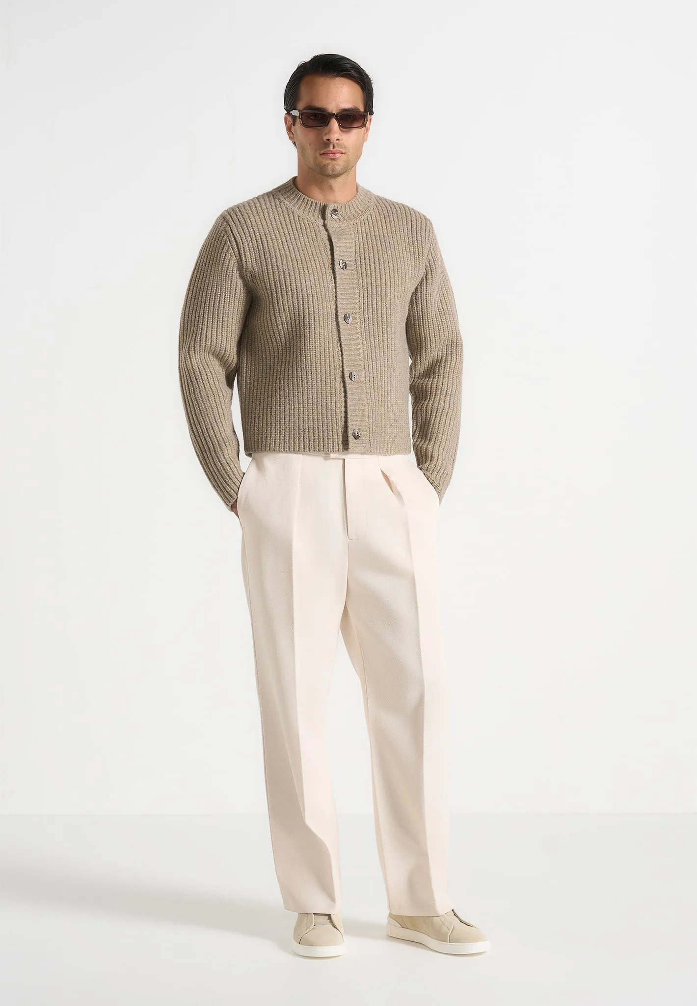 Alix - Unisex Crewneck Ribbed Knit Cardigan - Beige sold by Maniere De Voir product image thumbnail 2