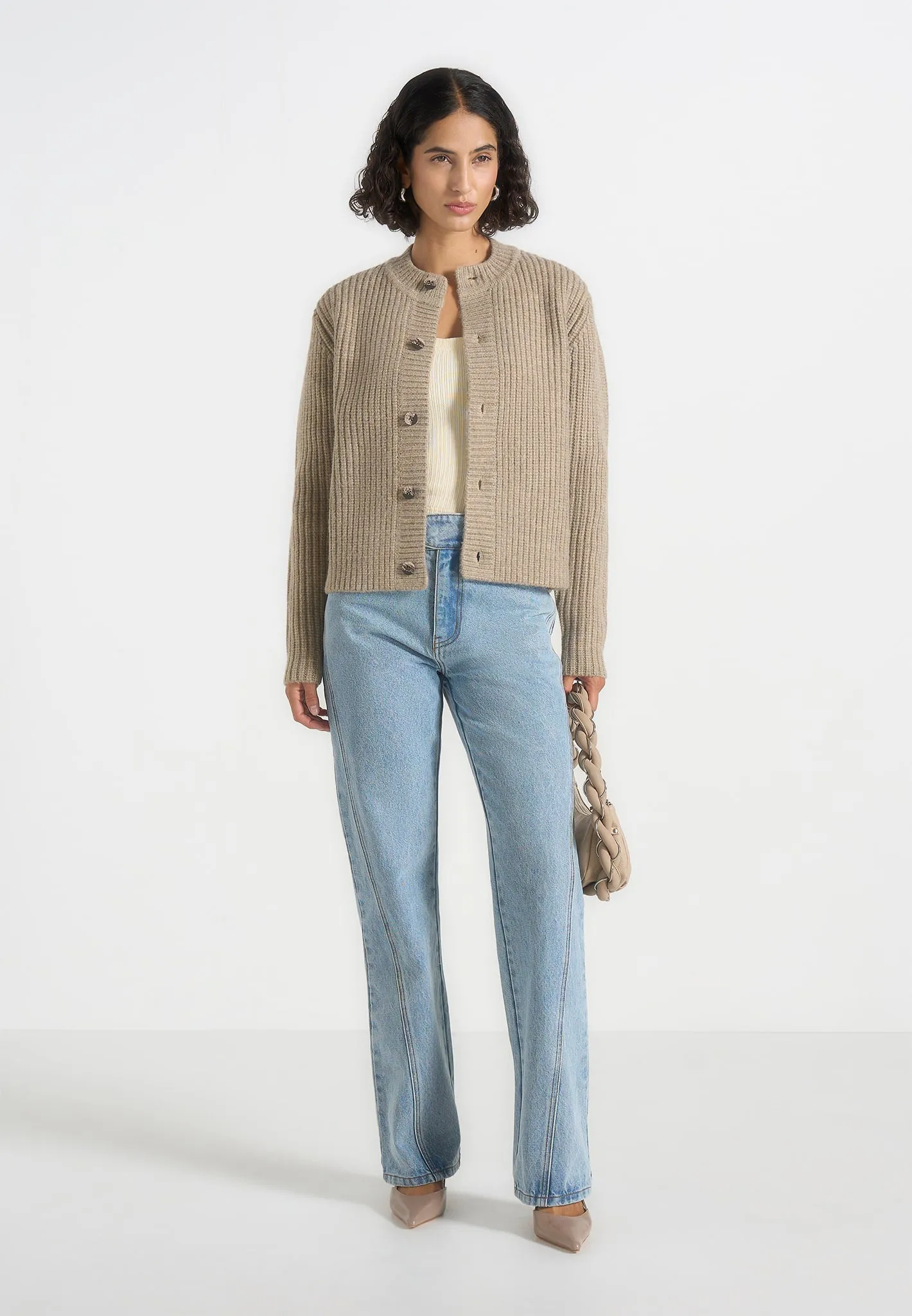 Alix - Unisex Crewneck Ribbed Knit Cardigan - Beige sold by Maniere De Voir product image thumbnail 3