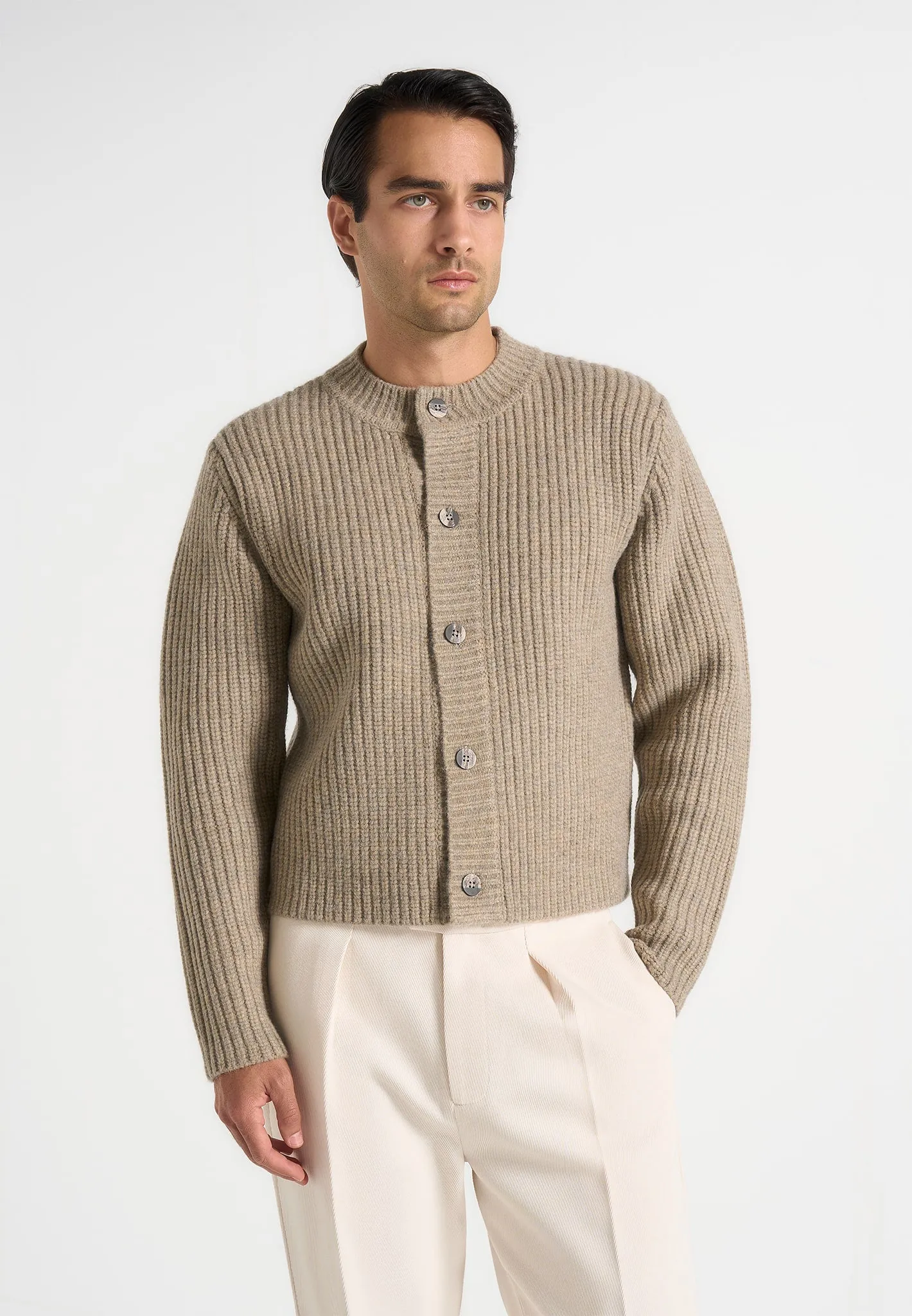 Alix - Unisex Crewneck Ribbed Knit Cardigan - Beige sold by Maniere De Voir product image thumbnail 4