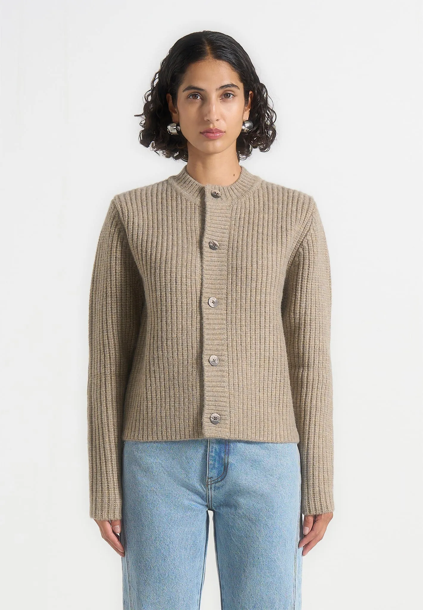 Alix - Unisex Crewneck Ribbed Knit Cardigan - Beige sold by Maniere De Voir product image thumbnail 5