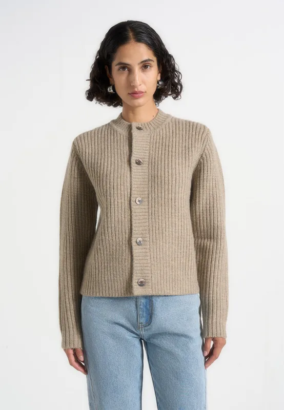 Alix - Unisex Crewneck Ribbed Knit Cardigan - Beige sold by Maniere De Voir