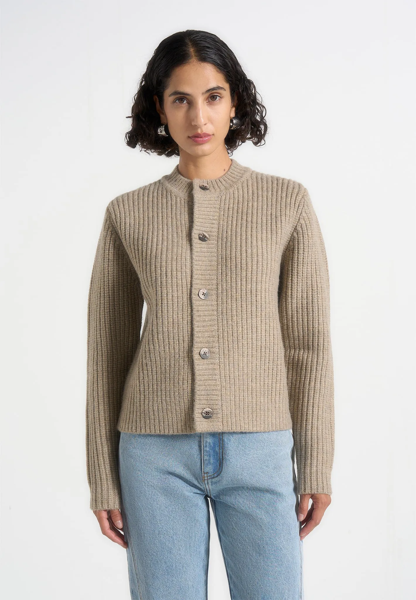 Alix - Unisex Crewneck Ribbed Knit Cardigan - Beige sold by Maniere De Voir