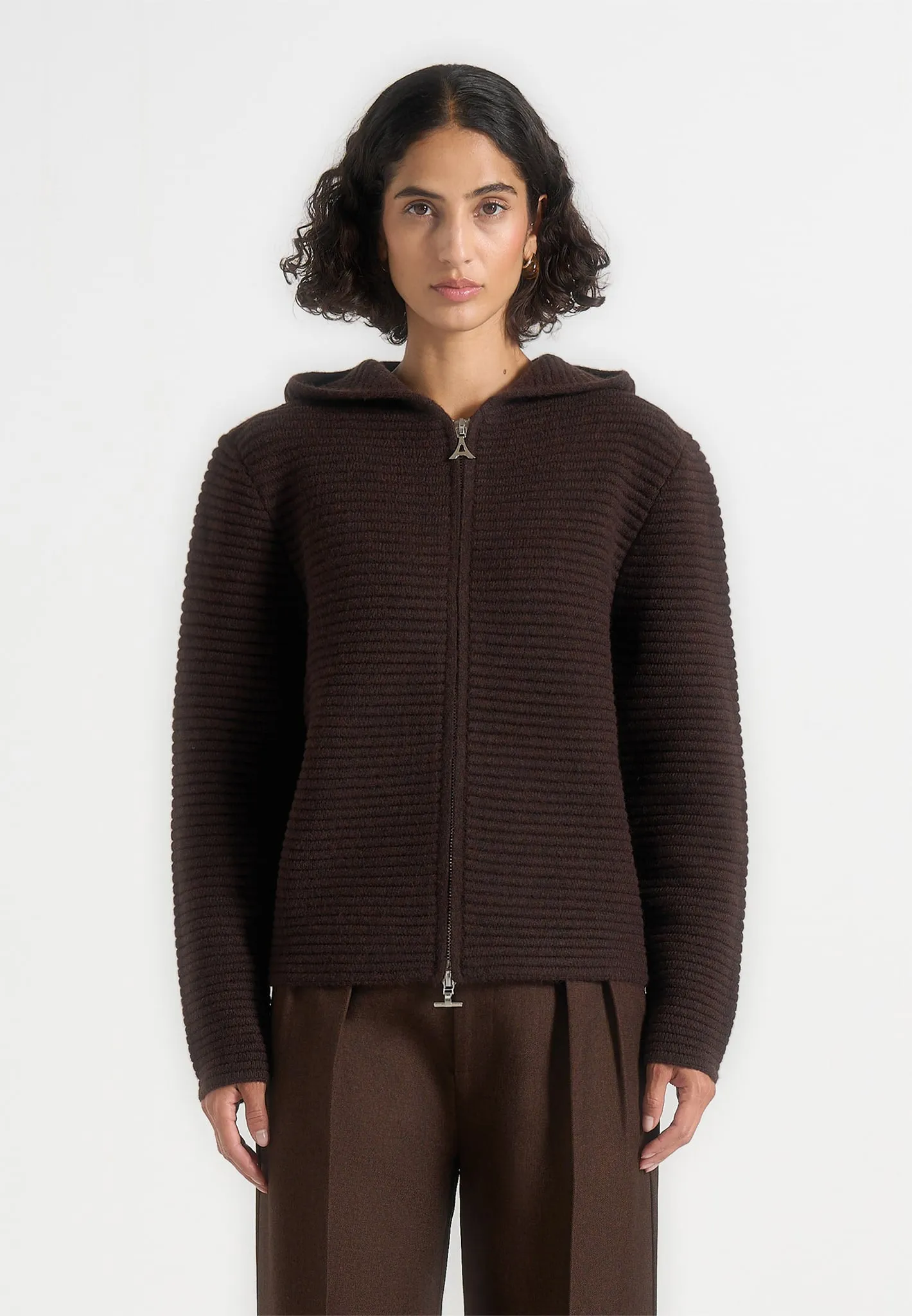 Eden - Unisex Ribbed Knit Zip Up Hoodie - Brown sold by Maniere De Voir product image thumbnail 5