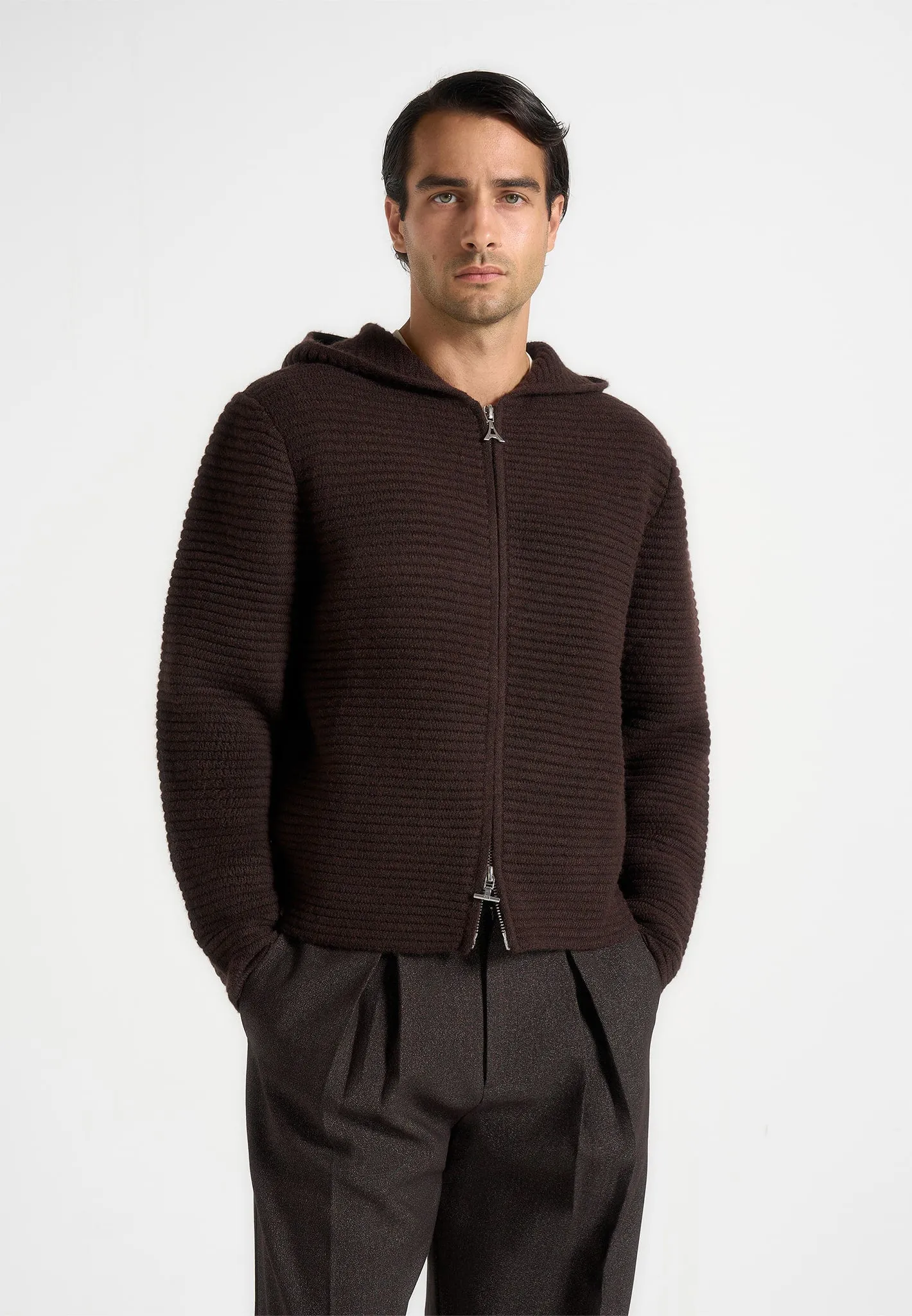 Eden - Unisex Ribbed Knit Zip Up Hoodie - Brown sold by Maniere De Voir product image thumbnail 4