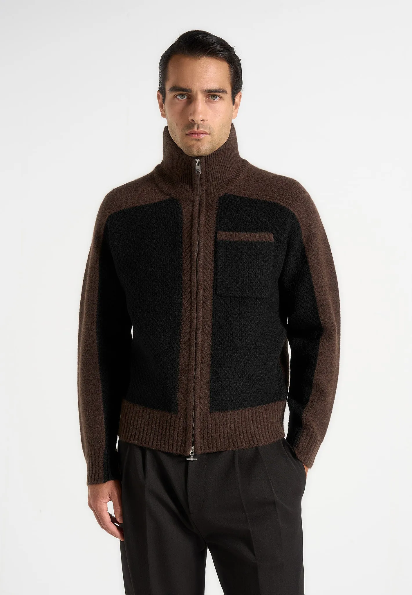 Rene - Colour Block Zip Through Cardigan - Black/Brown sold by Maniere De Voir product image thumbnail 2