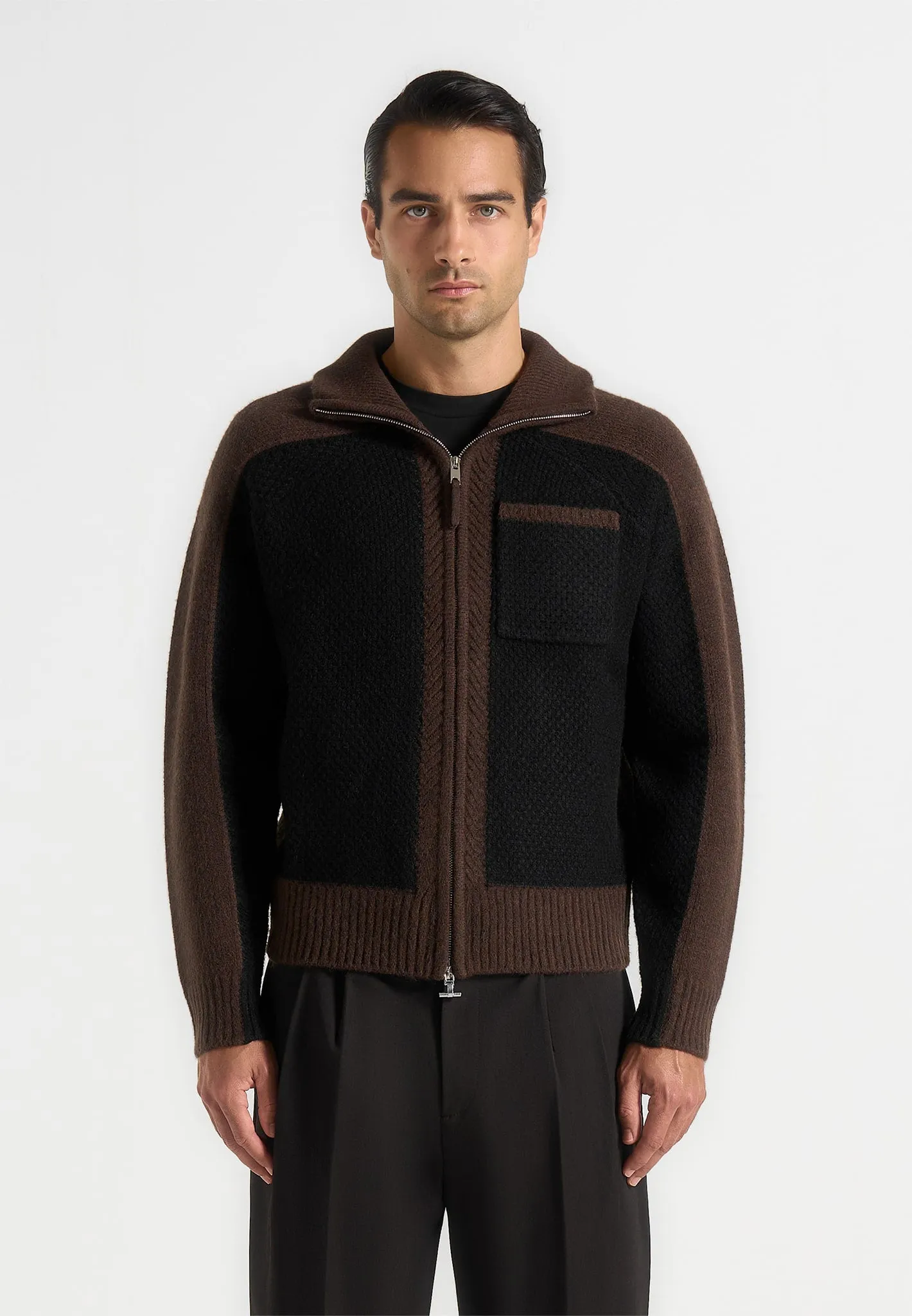 Rene - Colour Block Zip Through Cardigan - Black/Brown sold by Maniere De Voir product image thumbnail 4