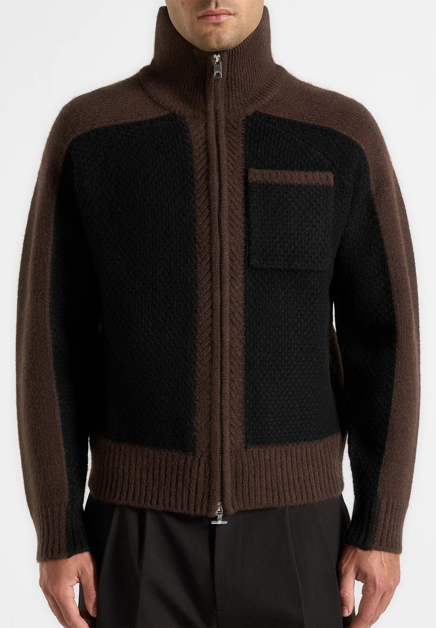 Rene - Colour Block Zip Through Cardigan - Black/Brown sold by Maniere De Voir product image thumbnail 3