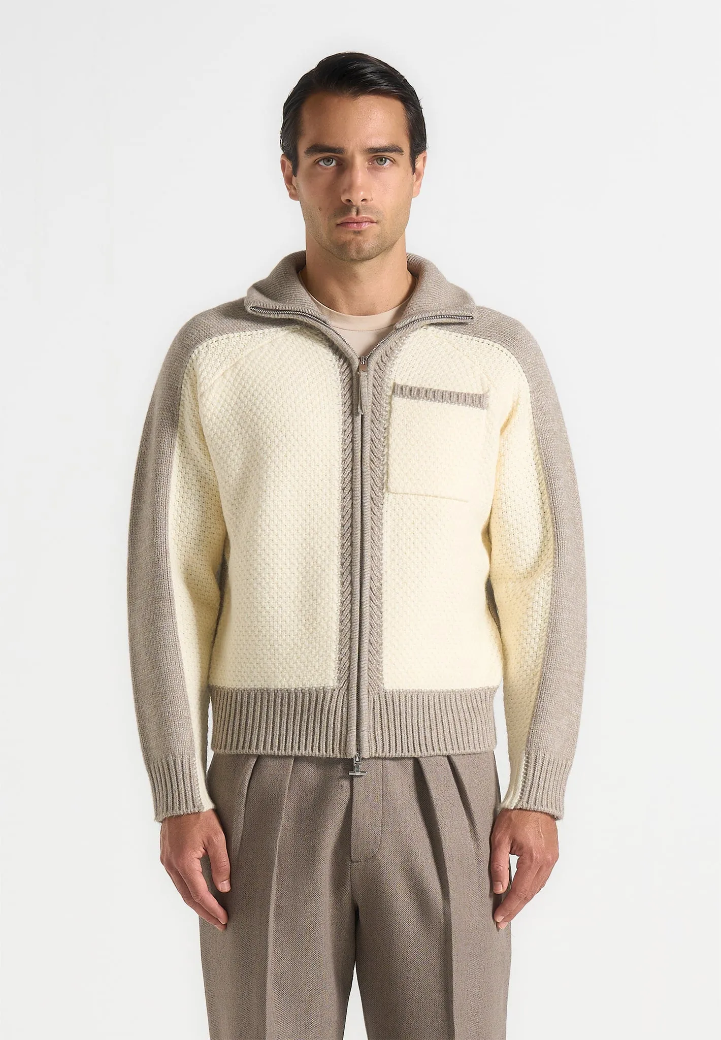 Rene - Colour Block Zip Through Cardigan - Cream/Beige sold by Maniere De Voir product image thumbnail 4