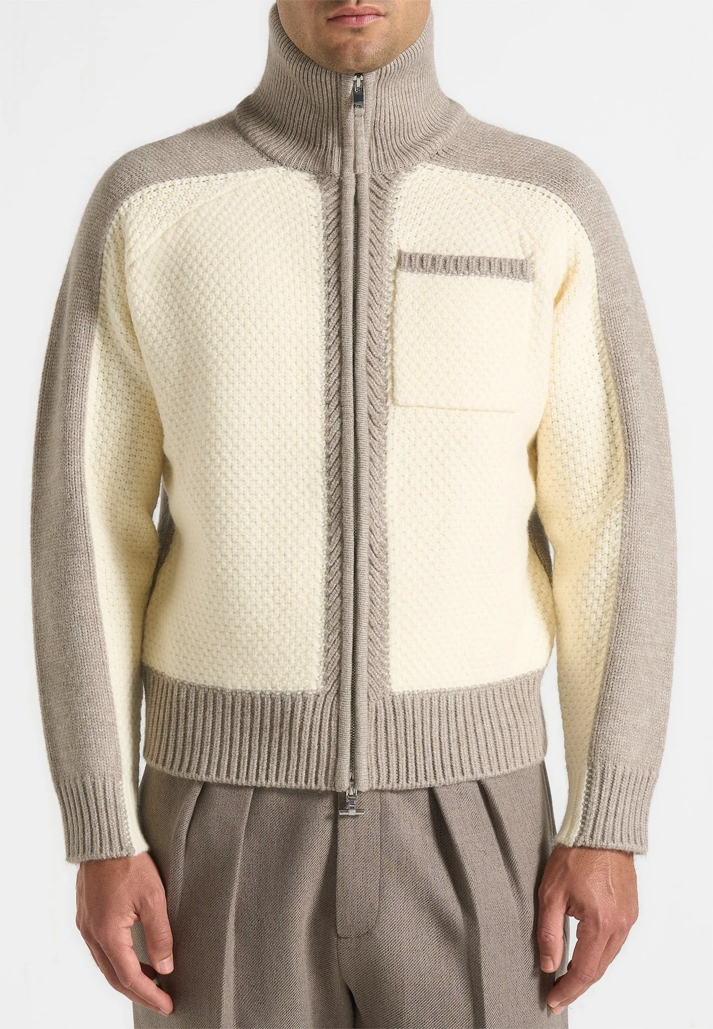 Rene - Colour Block Zip Through Cardigan - Cream/Beige sold by Maniere De Voir product image thumbnail 3