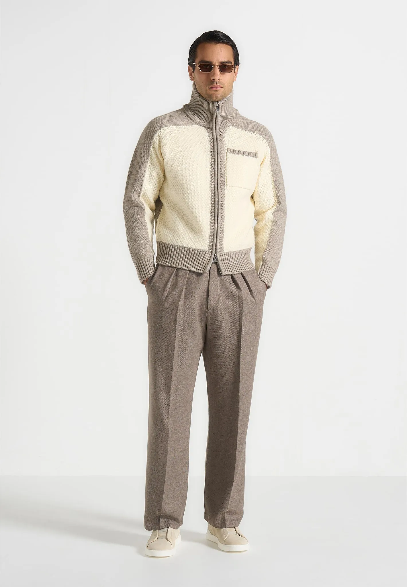 Rene - Colour Block Zip Through Cardigan - Cream/Beige sold by Maniere De Voir