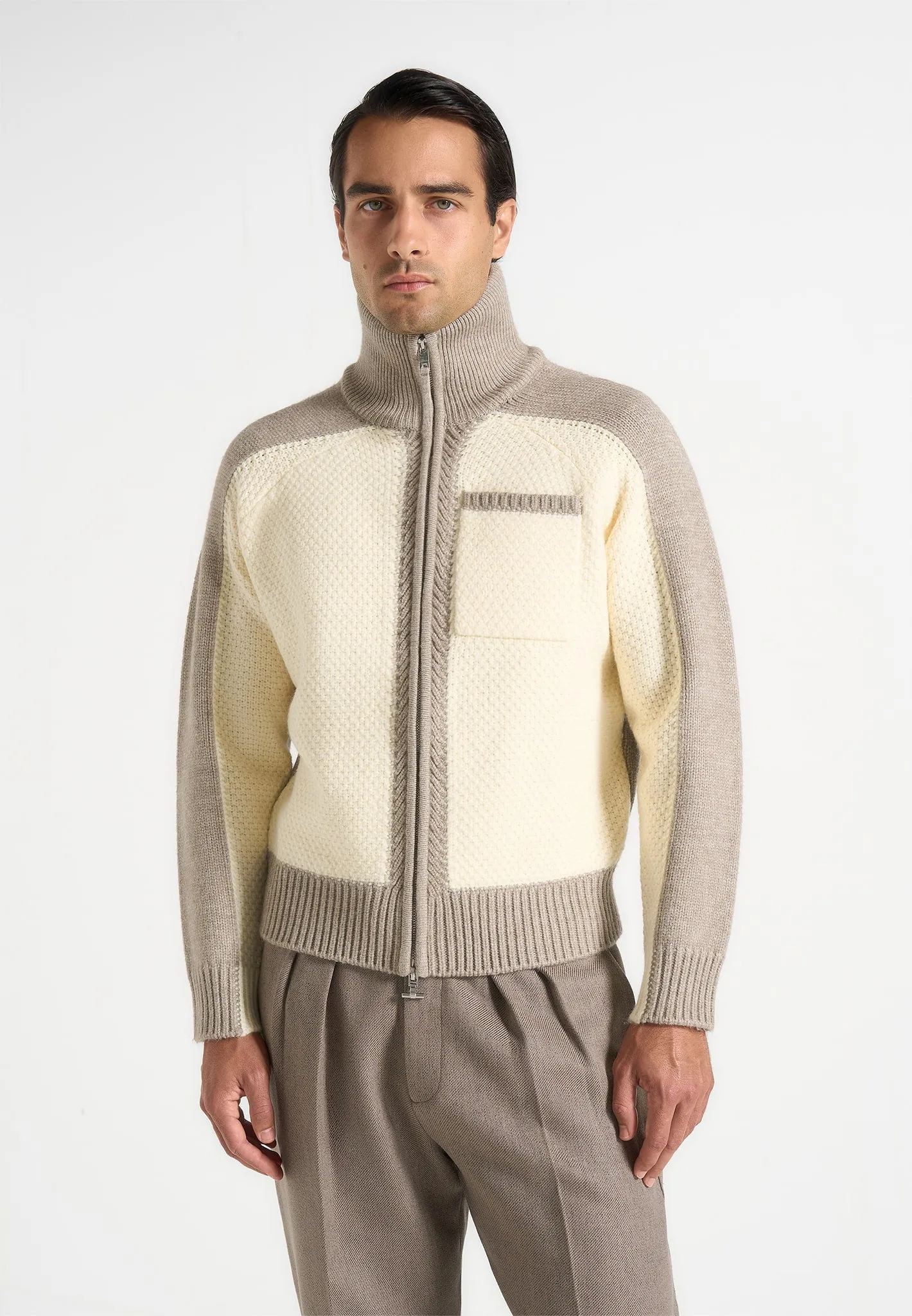 Rene - Colour Block Zip Through Cardigan - Cream/Beige sold by Maniere De Voir product image thumbnail 2