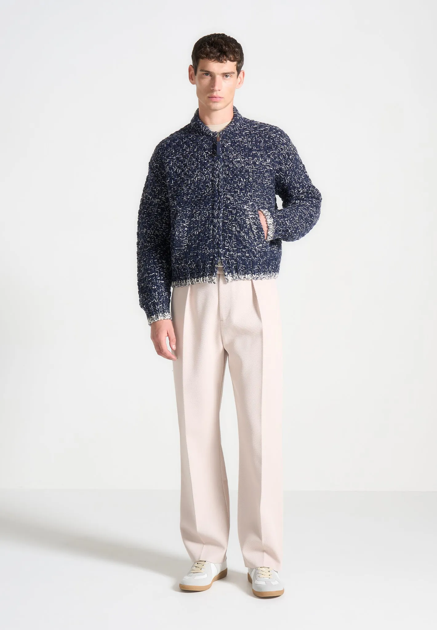 Darel - Speckled Knit Bomber Jacket - Navy sold by Maniere De Voir