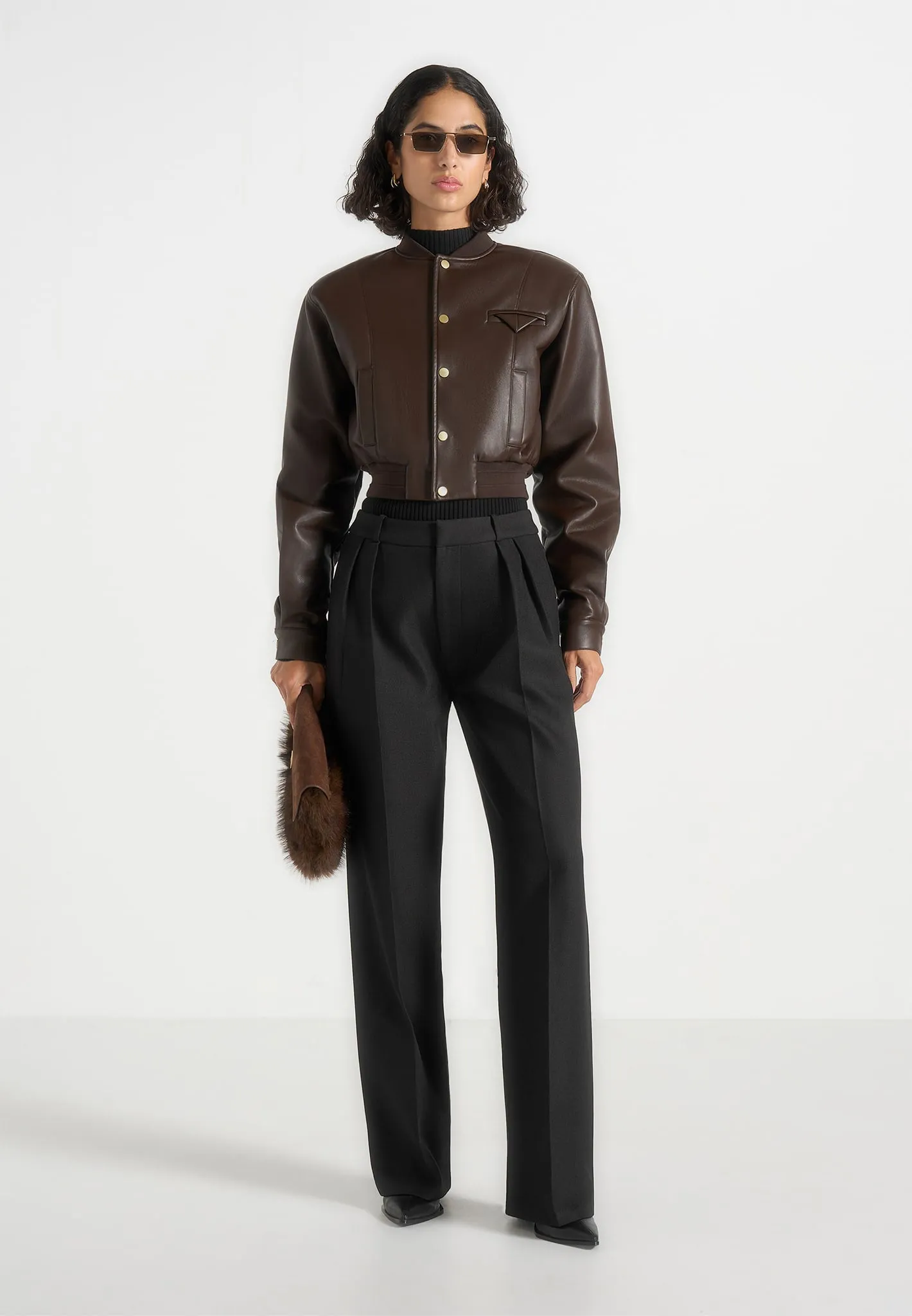 Zina - Leather Wide Shoulder Bomber Jacket - Brown sold by Maniere De Voir